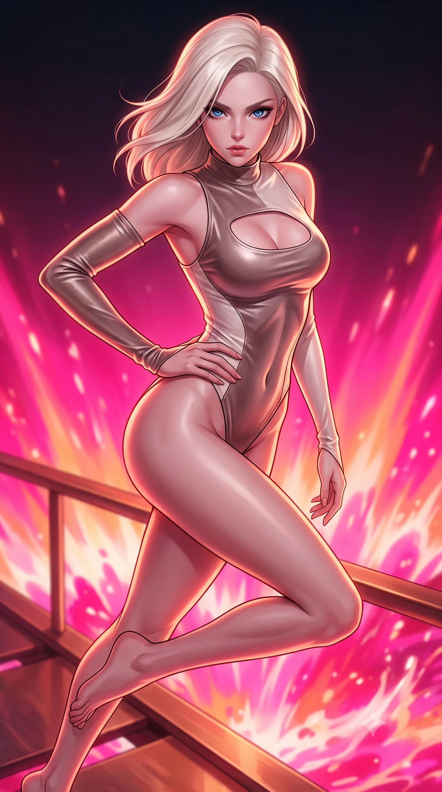 score_9, masterpiece, best quality, ultra-detailed, high-budget anime keyframe, editorial fashion photography, tasteful artistic composition, Caucasian woman. close-up cowboy shot from the waist and thighs up, the character dominates the composition, filling the frame with her large presence, background elements kept in soft focus. Holding a powerful dynamic pose with one hand on her hip and body angled dramatically toward the key light while leaping across a copper catwalk as boiling liquid aurora energy erupts below, boiling liquid aurora energy radiating intense hot pink and orange light from below. She has an exceptionally elegant, slender, and willowy female figure with an ultra-slim waist, a gracefully sculpted slender torso, and a refined silhouette. sharp v-shaped jawline, high-bridge nose, intricate jewel-like eyes with depth, thick eyelashes, glossy lips with a natural sheen, flawlessly proportioned anatomical accuracy, natural body alignment, perfectly sculpted elegant limbs, clean dynamic posture without body distortion. wearing an asymmetrical high-cut tech-bodysuit with detached sleeves in muted taupe and soft ivory, made of premium stretch velvet with a rich sheen, accented with a Tasteful chest slit framing her clavicle gracefully, the form-contouring material highlighting her ultra-slim waist and long lines. bathed in hot pink and orange furnace underlighting with sharp bronze speculars. highly saturated vibrant anime colors, detailed shading with soft gradients, rich glossy textures, high-contrast stereoscopic depth, volumetric dynamic lighting, master piece, 9:16 ratio