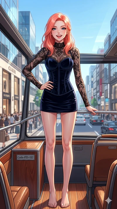 score_9, masterpiece, best quality, ultra-detailed, high-budget anime keyframe, vibrant anime aesthetic, Japanese woman. cowboy shot from the thighs up, character and outfit filling the frame for maximum presence. She is posing with a bright grin, on