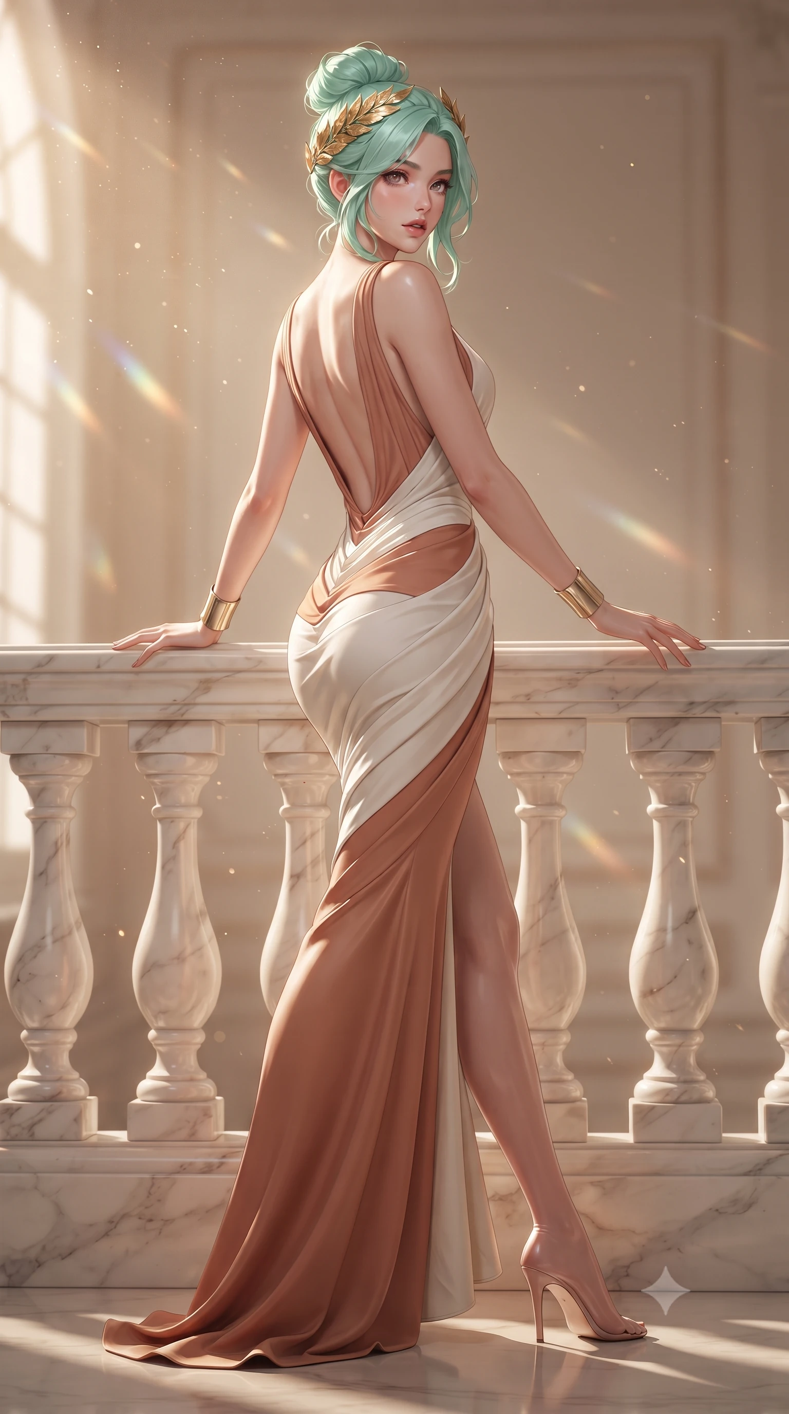 score_9, masterpiece, best quality, ultra-detailed, high-budget anime keyframe, editorial fashion photography, tasteful artistic composition, Japanese woman. low angle full-body shot from head to toe showing her feet, filling the entire 9:16 vertical frame with her statuesque presence, stretching her vertical silhouette. striding forward in a proud supermodel runway stride, hips swaying in an alluring kinetic rhythm that accentuates her curvy hourglass silhouette while leaning forward over a sculpted marble balustrade with lower back arched, looking over her bare shoulder with parted glossy lips. The composition keeps background elements in soft focus with creamy bokeh. refracted afternoon sunbeams and floating dust motes scattering timeless radiant light across the salon. She has an absolutely perfect, statuesque 8.5-heads proportion, an exceptionally tall and slender model-like female figure with impossibly long slender legs, a toned flat midriff, an ultra-slim waist, and beautifully sculpted feminine hips. sharp v-shaped jawline, high-bridge nose, intricate jewel-like eyes with depth, thick eyelashes, glossy parted lips with a natural sheen, intensely captivating and seductive bedroom-eyes expression, flawlessly proportioned anatomical accuracy, strict slender model proportions, natural body alignment, perfectly sculpted long slender limbs, ultra-slim waistline, clean dynamic posture without body distortion. wearing a sculpted white liquid jersey goddess gown with an ultra-deep scooped open back and hip-hugging mermaid silhouette in terracotta clay and natural linen ivory, tailored from crisp structured cotton poplin with fine drapery folds, accessorized with a classical golden laurel wreath in her hair and minimalist gold cuffs, the form-contouring material adhering flawlessly to her sculpted flat midriff and slender torso, emphasizing her long leg lines and perfectly proportioned willowy build. illuminated by crisp sculptural key lighting carving her narrow waist, curved hips, and statuesque limbs. ultra-reflective glossy finish, specular highlights, rich textural contrasts, high-contrast stereoscopic depth, volumetric dynamic lighting, 2k, ultra detail, master piece, 9:16 ratio