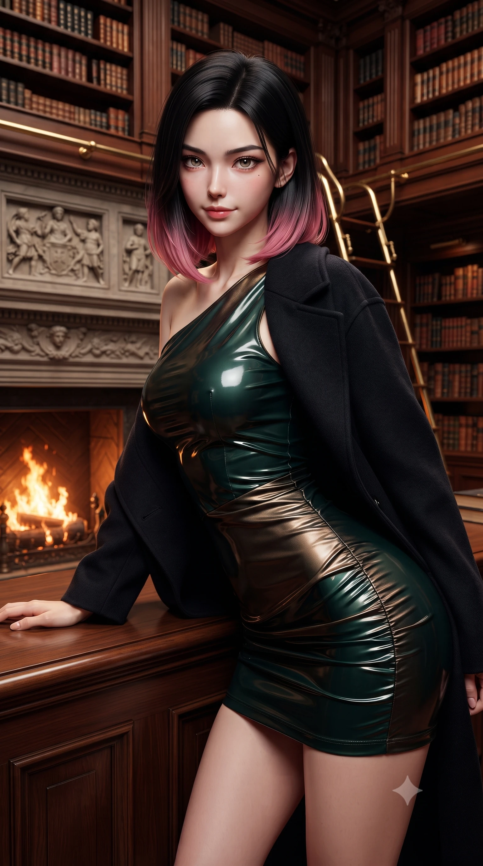 score_9, masterpiece, best quality, ultra-detailed, high-budget anime keyframe, editorial fashion photography, tasteful artistic composition, Korean woman. close-up cowboy shot from the waist and thighs up, the character dominates the composition, filling the frame with her large presence. leaning forward over the counter while arching her lower back to accentuate her curvy hips, looking into the lens with a dangerous smoldering half-smile and bedroom-eyes while standing poised before towering double-height mahogany bookshelves with a rolling brass ladder, twisting her slender torso in an alluring S-curve. The surrounding environment is rendered in vivid detail and crisp panoramic clarity. sharp carved stone mantelpiece reliefs, gilded book leather grain, and brass ladder rail gleam in deep focus. She has an exceptionally elegant, slender, and willowy female figure with an ultra-slim waist, flat toned midriff, narrow ribcage, and sculpted feminine hips creating an alluring, slim hourglass silhouette without bulk. sharp v-shaped jawline, high-bridge nose, intricate jewel-like dark sparkling eyes with dangerous depth, thick curled eyelashes, glossy parted lips with a rich wine sheen, smoldering seductive half-smile with bedroom-eyes, exuding effortless superiority and intoxicating dark allure, flawlessly proportioned anatomical accuracy, strict slender model proportions, natural body alignment, perfectly sculpted long slender limbs, ultra-slim waistline, clean dynamic posture without body distortion. wearing a liquid-look vinyl mini dress with an asymmetric neckline and hip-defining side ruching in dark emerald green and brushed antique bronze, tailored from fine lightweight midnight wool crepe with crisp architectural structure, complemented by an oversized dark cashmere coat draped casually over one shoulder, the form-contouring cut accentuating her sculpted flat midriff, narrow delicate ribcage, and gracefully curvy hips with sovereign high-fashion precision. bathed in dynamic dancing orange and amber firelight from the roaring hearth. ultra-reflective glossy finish, specular highlights, rich textural contrasts, high-contrast stereoscopic depth, volumetric dynamic lighting, 2k, ultra detail, master piece, 9:16 ratio