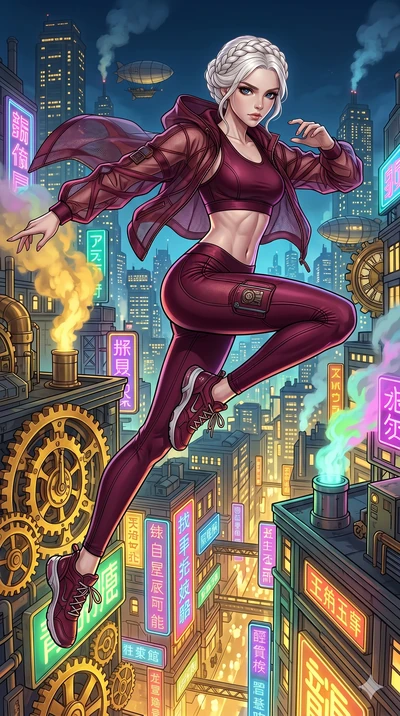 score_9, masterpiece, best quality, ultra-detailed, High-budget Anime Keyframe, beautiful Korean anime girl. Low angle cowboy shot filling the entire 9:16 frame with her statuesque presence. Leaping across the rooftops of a steampunk city at night wi