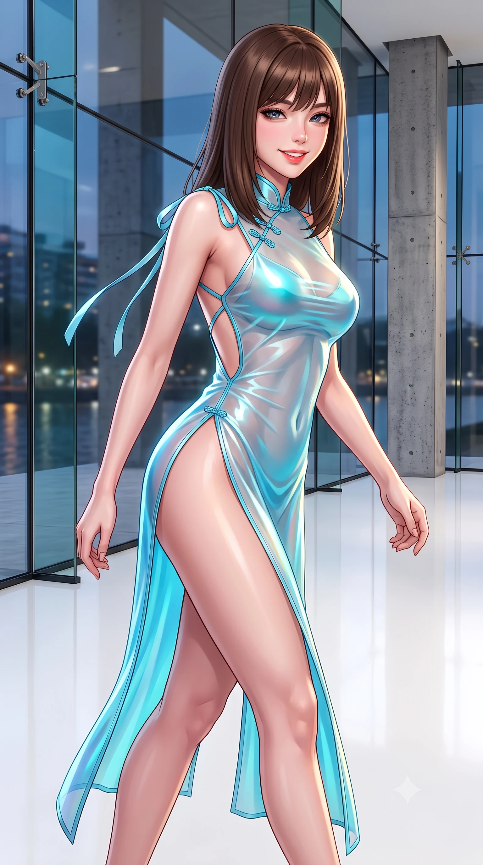 score_9, masterpiece, best quality, ultra-detailed, high-budget anime keyframe, semi-realistic 3D game render, editorial fashion photography, tasteful artistic composition, Korean woman. close-up cowboy shot from the waist and thighs up, the character dominates the composition, filling the frame with her large presence. leaning forward while arching her lower back to accentuate her curvy hips, looking into the camera with an intoxicating smoldering gaze and bedroom-eyes while walking slowly across the polished white resin floor with tall model strides, river lights reflecting beneath her long slender legs. The surrounding environment is rendered in vivid detail and crisp panoramic clarity: sharp frameless structural glass joins, cast concrete column textures, and white resin floor gloss in deep focus. She has an exceptionally elegant, slender, and willowy female figure with an ultra-slim waist, flat toned midriff, narrow ribcage, and sculpted feminine hips creating an alluring, slim hourglass silhouette without bulk. sharp v-shaped jawline, high-bridge nose, intricate jewel-like sparkling eyes with depth, thick eyelashes, glossy parted lips with a natural peach sheen, bright cheerful beaming smile with an enchanting and coquettish sensual glint, exuding both youthful cute charm and seductive allure, flawlessly proportioned anatomical accuracy, strict slender model proportions, natural body alignment, perfectly sculpted long slender limbs, ultra-slim waistline, clean dynamic posture without body distortion. wearing a provocative sheer silk organza modern qipao dress with dramatic hip-high side slits and translucent mesh frog-button bodice in Neo-Carthage holographic cyan and solar chrome, made of fluid liquid jersey with seamless sculpting hold and smooth contours, finished with satin ribbon ties at the shoulders fluttering in the gentle breeze, the precision-cut side openings and low-back scoop framing her graceful spine and the sensual sweep of her slim, toned hips. illuminated by floor specular reflection bounce and sharp platinum-gold rim lights sculpting her jawline, narrow waist, and curvy hips. highly saturated vibrant anime colors, detailed shading with soft gradients, rich glossy textures, high-contrast stereoscopic depth, volumetric dynamic lighting, master piece, 9:16 ratio