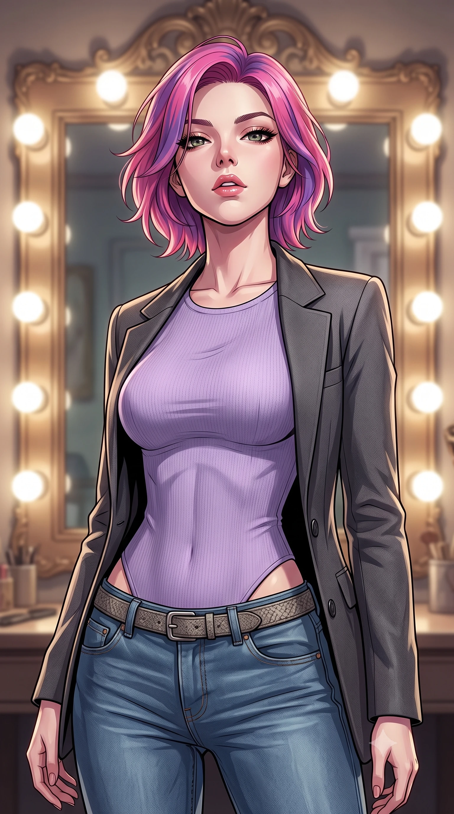 score_9, masterpiece, best quality, ultra-detailed, high-budget anime keyframe, tasteful artistic composition, Caucasian woman. close-up cowboy shot from the waist and thighs up, the character dominates the composition, filling the frame with her large presence, background elements kept in soft focus. tilting her chin up slightly with lips parted in a composed, provocative expression the background shows a soft-focus a vintage dressing vanity room with a large mirror bordered by round lightbulbs. She has an exceptionally elegant, slender, and willowy female figure with an ultra-slim waist, a gracefully sculpted slender torso, and a refined silhouette. sharp v-shaped jawline, high-bridge nose, intricate jewel-like eyes with depth, thick eyelashes, glossy lips with a natural sheen. wearing a form-contouring tight-fitting lavender knit bodysuit worn under a tailored open blazer and jeans. bright vanity spotlights casting detailed front lighting with soft back shadow. highly saturated vibrant anime colors, cel-shading, 2d style, master piece, 9:16 ratio