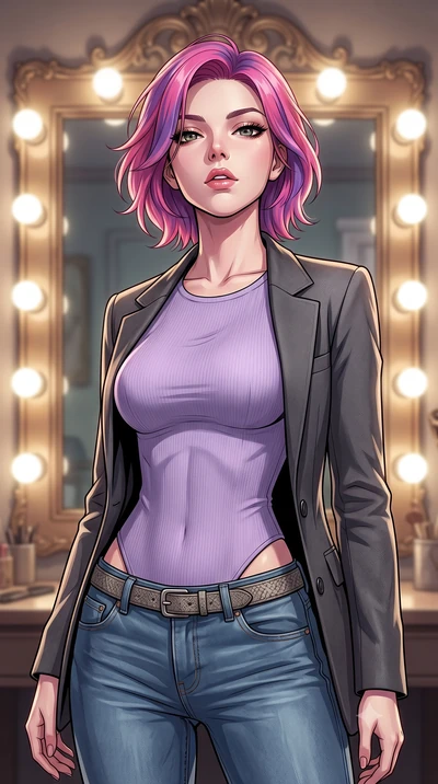score_9, masterpiece, best quality, ultra-detailed, high-budget anime keyframe, tasteful artistic composition, Caucasian woman. close-up cowboy shot from the waist and thighs up, the character dominates the composition, filling the frame with her lar