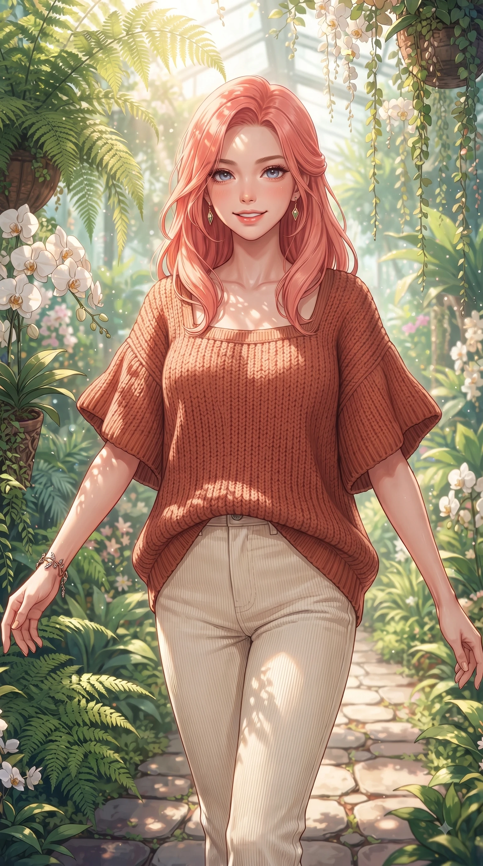 score_9, masterpiece, best quality, ultra-detailed, high-budget anime keyframe, editorial fashion photography, tasteful artistic composition, Japanese woman. close-up cowboy shot from the waist and thighs up, the character dominates the composition, filling the frame with her large presence. Fresh enchanting smile, her eyes twinkling like jewels in the bright sunlight as one arm reaches out cheerfully while strolling happily along a stone garden path amidst towering tropical ferns and blooming white orchids. The composition keeps background elements in soft focus with dreamy bokeh. cascading botanical vines and delicate greenhouse refractions softened in creamy depth of field. She has an exceptionally elegant, slender, and willowy female figure with an ultra-slim waist, a gracefully sculpted slender torso, and a refined silhouette. sharp v-shaped jawline, high-bridge nose, intricate jewel-like eyes with depth, thick eyelashes, glossy lips with a natural sheen, flawlessly proportioned anatomical accuracy, natural body alignment, perfectly sculpted elegant limbs, clean dynamic posture without body distortion. wearing an oversized terracotta knit jumper over soft cream corduroy pants in baby blue and cloud white, crafted from smooth fluid silk satin, featuring elegant flutter sleeves and a graceful square neckline, the chic real-way fashion cut emphasizing her effortless charm. illuminated by fresh botanical sunbeams casting delicate leaf patterns. ultra-reflective glossy finish, specular highlights, metallic sheen, high-contrast stereoscopic depth, volumetric dynamic lighting, 2k, ultra detail, master piece, 9:16 ratio