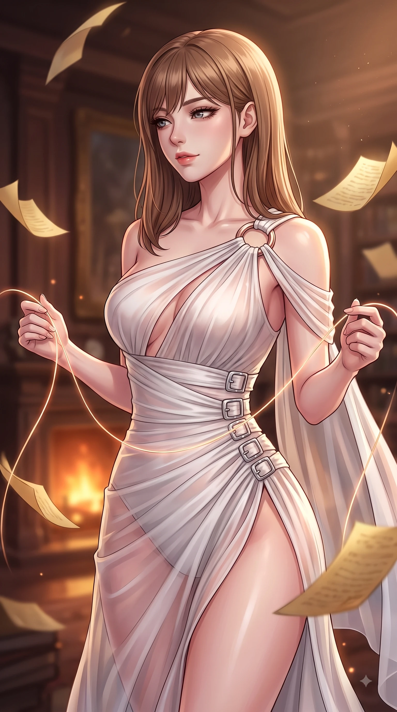 score_9, masterpiece, best quality, ultra-detailed, high-budget anime keyframe, editorial fashion photography, tasteful artistic composition, Korean woman. close-up cowboy shot from the waist and thighs up, the character dominates the composition, filling the frame with her large presence, background elements kept in soft focus. Casting a seductive sidelong gaze over her bare shoulder with heavy lashes and a composed half-smile while threading glowing clockwork spring wires in a vintage archives hall with magnetic allure, golden paper pages fluttering gently around her in a magical twilight breeze. She has an exceptionally elegant, slender, and willowy female figure with an ultra-slim waist, a gracefully sculpted slender torso, and a refined silhouette. sharp v-shaped jawline, high-bridge nose, intricate jewel-like eyes with depth, thick eyelashes, glossy lips with a natural sheen, flawlessly proportioned anatomical accuracy, natural body alignment, perfectly sculpted elegant limbs, clean dynamic posture without body distortion. wearing an asymmetrical Grecian draped chiffon gown with a metallic shoulder ring in pearl white and rose gold, woven from fine semi-opaque sheer organza, detailed with polished silver buckles along the waistline, the tailored fabric tightly following every curve of her athletic build. surrounded by warm hearth light and dramatic bronze rim highlights. highly saturated vibrant anime colors, detailed shading with soft gradients, rich glossy textures, high-contrast stereoscopic depth, volumetric dynamic lighting, master piece, 9:16 ratio
