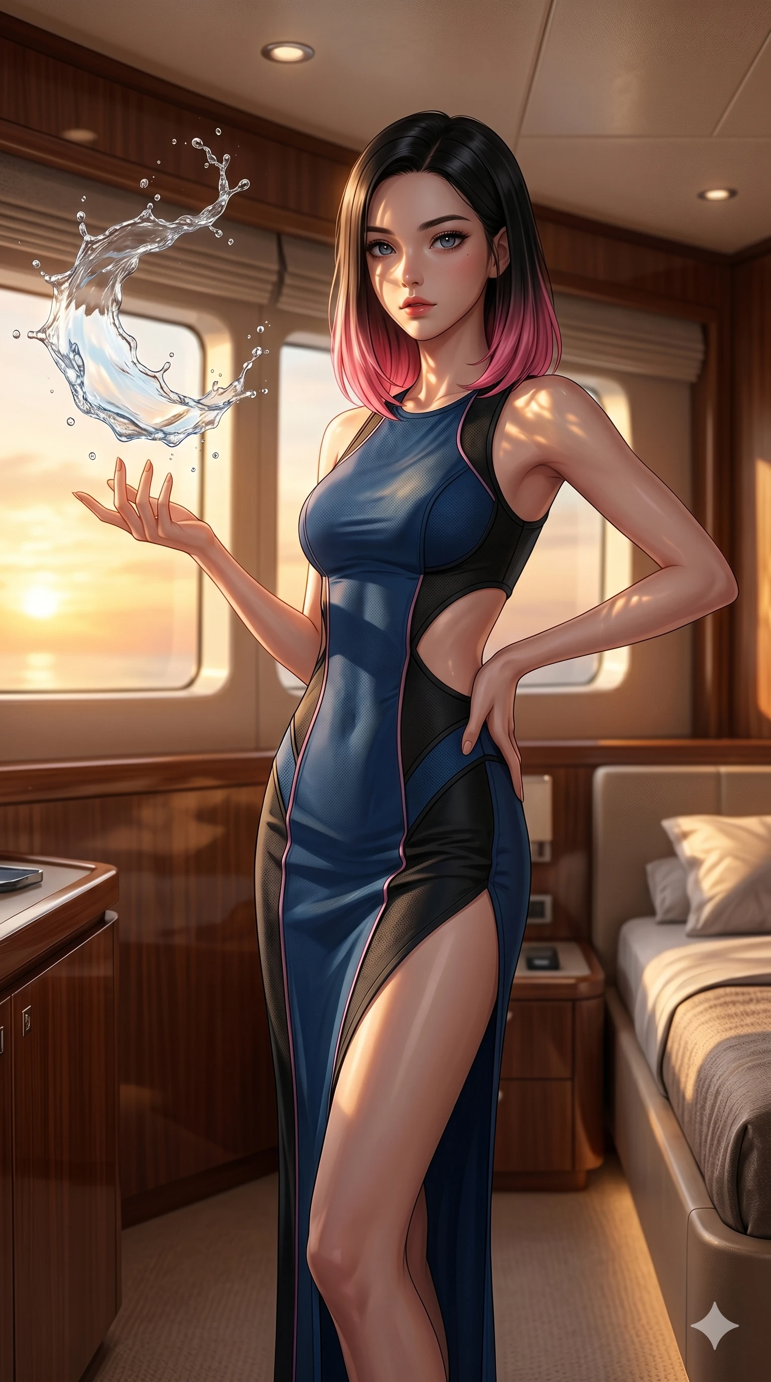 score_9, masterpiece, best quality, ultra-detailed, high-budget anime keyframe, editorial fashion photography, tasteful artistic composition, Korean woman. cowboy shot from the thighs up, character and outfit filling the frame for maximum editorial presence. reaching a hand toward a floating splash of water, looking at the camera inside a luxury yacht stateroom cabin with large panoramic portlights (Code-P19-105). She has an absolutely perfect 8-heads proportion, an exceptionally tall and slender female figure with impossibly long slender legs and an ultra-slim waist. V-shaped jawline, high-bridge nose, intricate jewel-like eyes with depth, thick eyelashes, glossy lips with a natural sheen. wearing a bodycon dress with high slit and side cutouts in eco-nylon. warm amber sunset casting dancing shadows and a soft golden glow over her features. 2k, ultra detail, master piece, 9:16 ratio