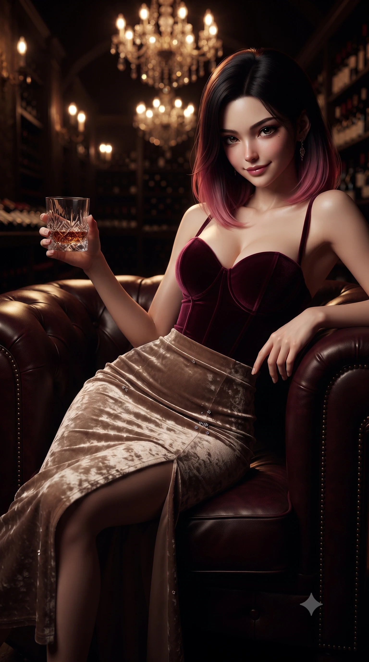 score_9, masterpiece, best quality, ultra-detailed, high-budget anime keyframe, editorial fashion photography, tasteful artistic composition, Korean woman. close-up cowboy shot from the waist and thighs up, the character dominates the composition, filling the frame with her large presence. turning slowly with a smoldering smile, her glossy dark hair catching the amber chandelier rim light as her hips angle gracefully in a captivating contrapposto while reclining back into the tufted dark oxblood Chesterfield armchair, arching her spine with effortless dominance while holding a crystal whiskey tumbler. The composition keeps background elements in soft focus with dreamy creamy bokeh. thousands of vintage wine bottles resting in dark oak bins and crystal chandeliers blurred into deep burgundy, bronze, and antique gold bokeh. She has an exceptionally elegant, slender, and willowy female figure with an ultra-slim waist, flat toned midriff, narrow ribcage, and sculpted feminine hips creating an alluring, slim hourglass silhouette without bulk. sharp v-shaped jawline, high-bridge nose, intricate jewel-like dark sparkling eyes with dangerous depth, thick curled eyelashes, glossy parted lips with a rich wine sheen, smoldering seductive half-smile with bedroom-eyes, exuding effortless superiority and intoxicating dark allure, flawlessly proportioned anatomical accuracy, strict slender model proportions, natural body alignment, perfectly sculpted long slender limbs, ultra-slim waistline, clean dynamic posture without body distortion. wearing a sweetheart-neckline velvet bustier paired with a curve-hugging high-slit mermaid maxi skirt in dark mulberry wine and antique champagne, tailored from crushed dark velvet with deep light-absorbing plush texture, finished with subtle crystal rhinestones lining the plunging neckline, the high-waisted tailoring accentuating her ultra-slim waistline and the enchanting curve of her feminine hips with alluring dark charm. bathed in low-key warm candle sconce illumination and deep chiaroscuro shadow contrasts. ultra-reflective glossy finish, specular highlights, rich textural contrasts, high-contrast stereoscopic depth, volumetric dynamic lighting, 2k, ultra detail, master piece, 9:16 ratio