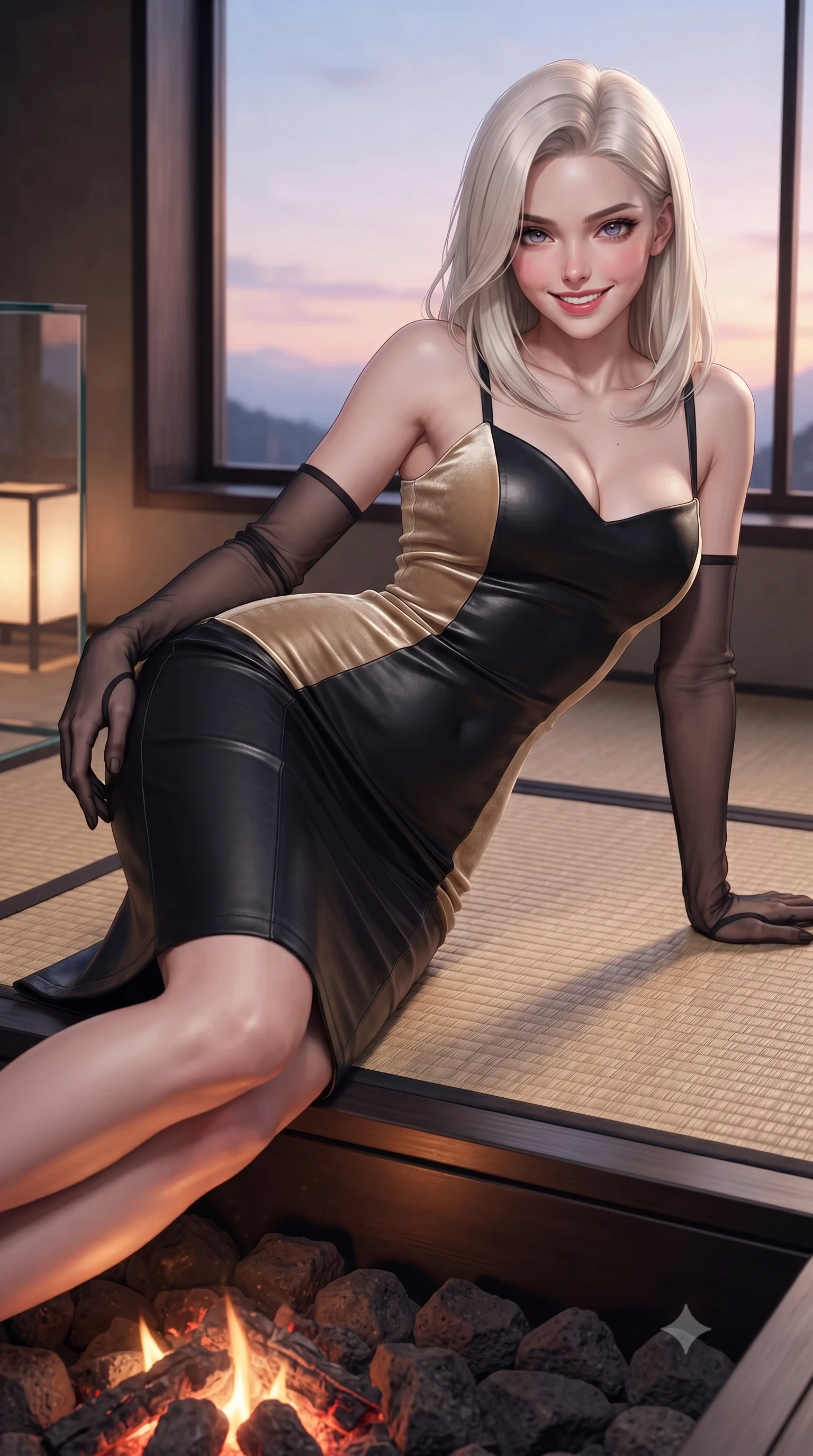 score_9, masterpiece, best quality, ultra-detailed, high-budget anime keyframe, editorial fashion photography, tasteful artistic composition, Caucasian woman. close-up cowboy shot from the waist and thighs up, the character dominates the composition, filling the frame with her large presence. leaning forward while arching her lower back to accentuate her curvy hips, looking into the camera with an intoxicating smoldering gaze and bedroom-eyes while reclining gracefully across the woven rush tatami platform propped on one elbow with legs extended, displaying her long slender limbs and statuesque hourglass silhouette. The surrounding environment is rendered in vivid detail and crisp panoramic clarity: sharp structural glass corner bevels, natural igusa rush tatami weave texture, and volcanic basalt hearth stones in deep focus. She has an exceptionally elegant, slender, and willowy female figure with an ultra-slim waist, flat toned midriff, narrow ribcage, and sculpted feminine hips creating an alluring, slim hourglass silhouette without bulk. sharp v-shaped jawline, high-bridge nose, intricate jewel-like sparkling eyes with depth, thick eyelashes, glossy parted lips with a natural peach sheen, bright cheerful beaming smile with an enchanting and coquettish sensual glint, exuding both youthful cute charm and seductive allure, flawlessly proportioned anatomical accuracy, strict slender model proportions, natural body alignment, perfectly sculpted long slender limbs, ultra-slim waistline, clean dynamic posture without body distortion. wearing an ultra-sleek stretch lambskin leather sheath dress accentuating her slim waistline in deep midnight obsidian black and champagne gold, tailored from ultra-plush silk velvet with rich tactile depth and deep shadow gradients, complemented by sheer opera-length evening gloves tracing her slender arms, the second-skin tailored fabric adhering flawlessly to her sculpted flat midriff and slender torso, emphasizing her long leg lines and perfectly proportioned willowy build. bathed in the contrast of warm 2200K charcoal hearth embers and pastel alpenglow twilight washing across the sky. ultra-reflective glossy finish, specular highlights, rich textural contrasts, high-contrast stereoscopic depth, volumetric dynamic lighting, 2k, ultra detail, master piece, 9:16 ratio