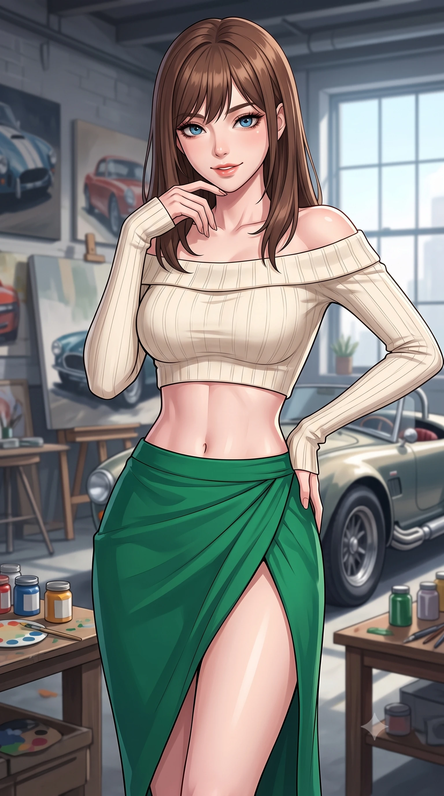 score_9, masterpiece, best quality, ultra-detailed, high-budget anime keyframe, tasteful artistic composition, Korean woman. close-up cowboy shot from the waist and thighs up, the character dominates the composition, filling the frame with her large presence, background elements kept in soft focus. leaning slightly forward with a playful, teasing smile, her gaze locked onto the viewer the background shows a soft-focus a private art studio garage filled with car canvases, paints, and a vintage roadster. She has an exceptionally elegant, slender, and willowy female figure with an ultra-slim waist, a gracefully sculpted slender torso, and a refined silhouette. sharp v-shaped jawline, high-bridge nose, intricate jewel-like eyes with depth, thick eyelashes, glossy lips with a natural sheen. wearing a body-hugging cropped off-shoulder knit top in cream paired with a high-slit wrap skirt in emerald green. crisp North daylight casting soft, consistent lighting over the workspace. highly saturated vibrant anime colors, cel-shading, 2d style, master piece, 9:16 ratio
