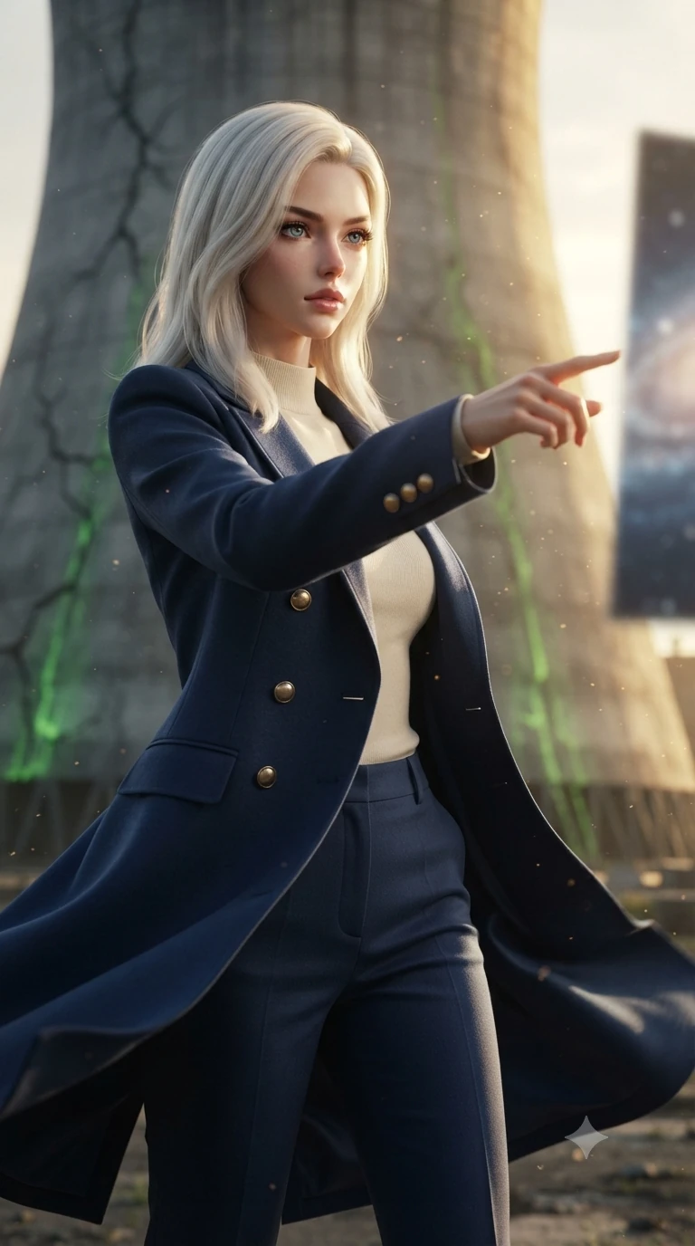 score_9, masterpiece, best quality, ultra-detailed, high-budget anime keyframe, editorial fashion photography, tasteful artistic composition, realistic cosplay photography, Caucasian woman, strictly human ears. close-up cowboy shot from the waist and thighs up, the character dominates the composition, filling the frame with her large presence, background elements kept in soft focus. Commanding the starship crew with a decisive gesture, pointing toward the galactic viewscreen. set against a soft-focus background of the base of a massive industrial cooling tower in the slums, with green chemical residue leaking from cracked concrete walls. She has an exceptionally elegant and slender, willowy female figure with an ultra-slim waist, a gracefully sculpted slender torso, and a refined slim physique. sharp v-shaped jawline, high-bridge nose, intricate jewel-like eyes with depth, thick eyelashes, glossy lips with a natural sheen. wearing the lightweight fabric rippling and billowing dramatically with her movement, a tailored structured space-navy bridge coat in deep navy blue wool with double-breasted brass buttons, worn over a cream mock-neck top and navy trousers. golden hour sunlight streaming in warm shafts with floating dust particles catching the light. ultra-reflective glossy finish, specular highlights, metallic sheen, high-contrast stereoscopic depth, volumetric dynamic lighting, 2k, ultra detail, master piece, 9:16 ratio