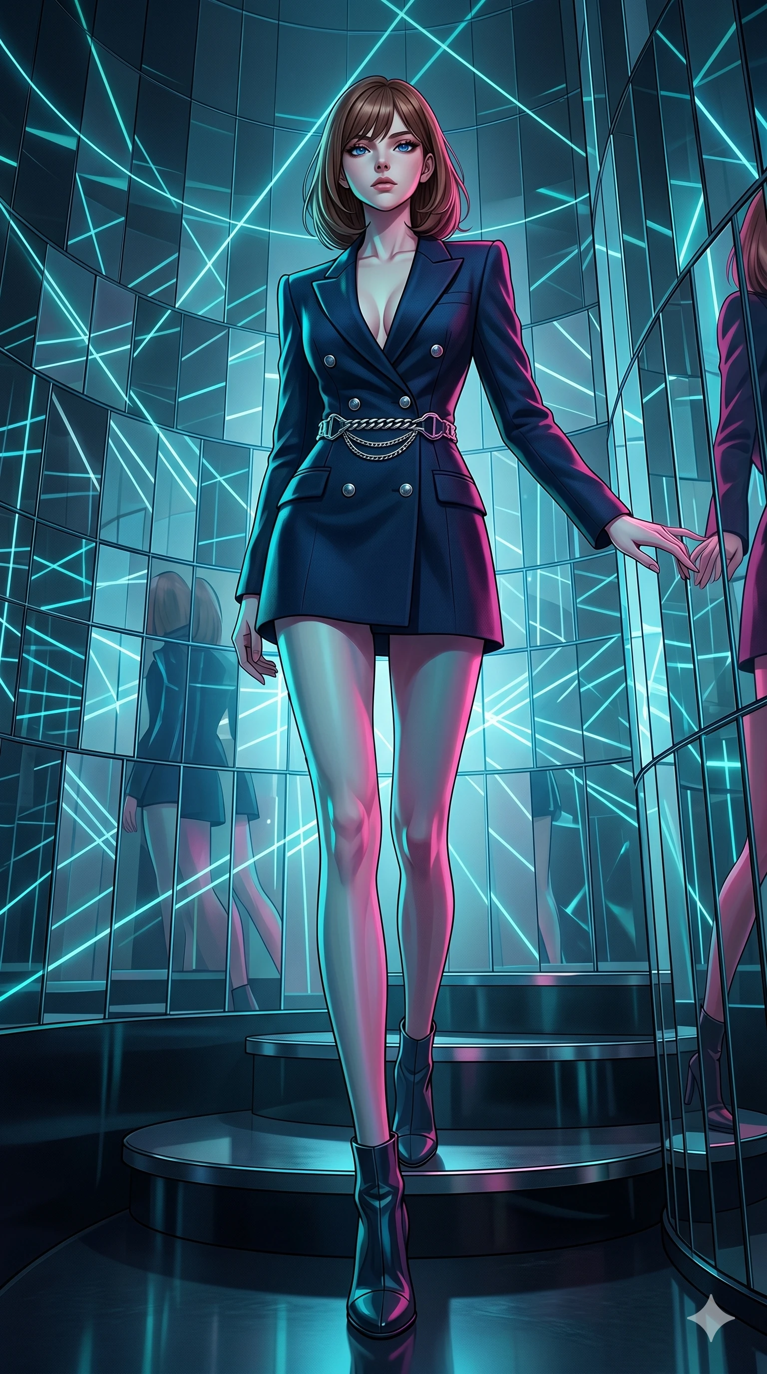 score_9, masterpiece, best quality, ultra-detailed, high-budget anime keyframe, editorial fashion photography, tasteful artistic composition, Caucasian woman, strictly human ears. low angle full-body shot from head to toe showing her feet, filling the entire 9:16 vertical frame with her statuesque presence, stretching her vertical silhouette. Descending like royalty with one hand trailing behind her within a circular chamber of rotating mirror panels reflecting laser lines of cyan. She has an absolutely perfect 8-heads proportion, an exceptionally tall and slender female figure with impossibly long slender legs and an ultra-slim waist. V-shaped jawline, high-bridge nose, intricate jewel-like eyes with depth, thick eyelashes, glossy lips with a natural sheen. wearing a double-breasted blazer dress in deep navy wool with a plunging collar line, cinched at the waist by an architectural silver chain belt. lit by high-contrast holographic projection lighting with vivid colored shadows that define her form. 2k, ultra detail, master piece, 9:16 ratio