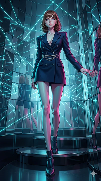 score_9, masterpiece, best quality, ultra-detailed, high-budget anime keyframe, editorial fashion photography, tasteful artistic composition, Caucasian woman, strictly human ears. low angle full-body shot from head to toe showing her feet, filling th