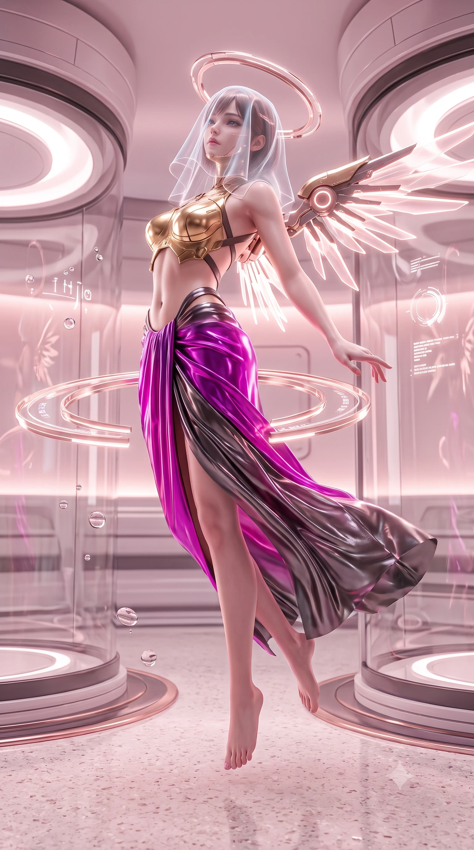score_9, masterpiece, best quality, ultra-detailed, high-budget anime keyframe, semi-realistic 3D game render, editorial fashion photography, tasteful artistic composition, Korean woman. low angle full-body shot from head to toe showing her feet, filling the entire 9:16 vertical frame with her statuesque presence, stretching her vertical silhouette. arching her back gracefully in mid-air as glowing mechanical wings and floating cybernetic halos frame her statuesque presence while pivoting dynamically beside the curved glass incubator as floating rose-gold holographic ring halos align around her. The surrounding environment is rendered in vivid detail and crisp panoramic clarity. sharp holographic halo interface glyphs, quartz floor grain, and fluid droplet beads in high clarity. She has an absolutely perfect, statuesque 8.5-heads proportion, an exceptionally tall and slender model-like female figure with impossibly long slender legs, a toned flat midriff, and an ultra-slim waist. sharp v-shaped jawline, high-bridge nose, intricate jewel-like eyes with depth, thick eyelashes, glossy lips with a natural sheen, flawlessly proportioned anatomical accuracy, strict slender model proportions, natural body alignment, perfectly sculpted long slender limbs, ultra-slim waistline, clean dynamic posture without body distortion. wearing an ethereal translucent cyber-veil paired with a sculpted golden mechanical cuirass and high-fashion draped silk skirt in vibrant electric magenta and ultra-reflective dark titanium, tailored from semi-translucent cybernetic vinyl with glowing micro-filaments, complemented by criss-cross back straps highlighting her completely bare spine, the form-contouring material adhering flawlessly to her sculpted flat midriff and slender torso, emphasizing her long leg lines and perfectly proportioned willowy build. bathed in soft glowing rose-gold and pink nanotech ambient radiance with pure white key lighting. rich saturated anime colors with glowing neon highlights, detailed shading with soft gradients, rich glossy textures, high-contrast stereoscopic depth, volumetric dynamic lighting, master piece, 9:16 ratio