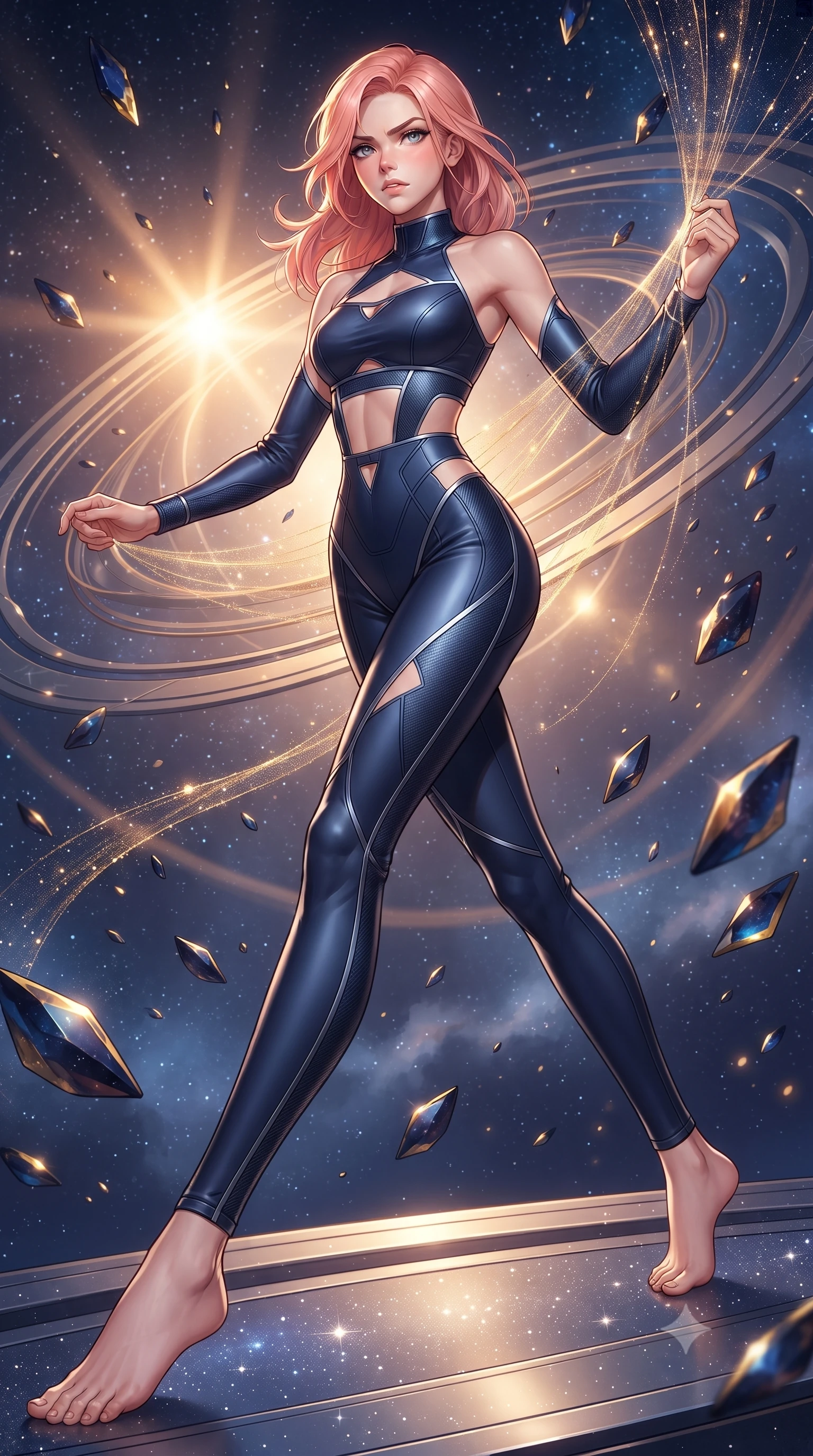 score_9, masterpiece, best quality, ultra-detailed, high-budget anime keyframe, editorial fashion photography, tasteful artistic composition, Japanese woman. low angle full-body shot from head to toe showing her feet, filling the entire 9:16 vertical frame with her statuesque presence, stretching her vertical silhouette. forging dynamically through the scene, her vertical silhouette beautifully stretched threading brilliant comet dust through a golden celestial loom, floating meteor shards reflecting deep navy and gold hues. She has an absolutely perfect, statuesque 8.5-heads proportion, an exceptionally tall and slender model-like female figure with impossibly long slender legs and an ultra-slim waist. sharp v-shaped jawline, high-bridge nose, intricate jewel-like eyes with depth, thick eyelashes, glossy lips with a natural sheen. wearing a form-fitting ribbed activewear set with collar cutouts in midnight navy blue and chrome trim, made of fine carbon-fiber weave and soft matte leather, featuring subtle geometric cutouts that highlight her ultra-slim midriff, the elegant draped fit framing her graceful clavicle and slender torso. bathed in warm sunbursts filtering through floating orbital rings. highly saturated vibrant anime colors, detailed shading with soft gradients, rich glossy textures, high-contrast stereoscopic depth, volumetric dynamic lighting, master piece, 9:16 ratio