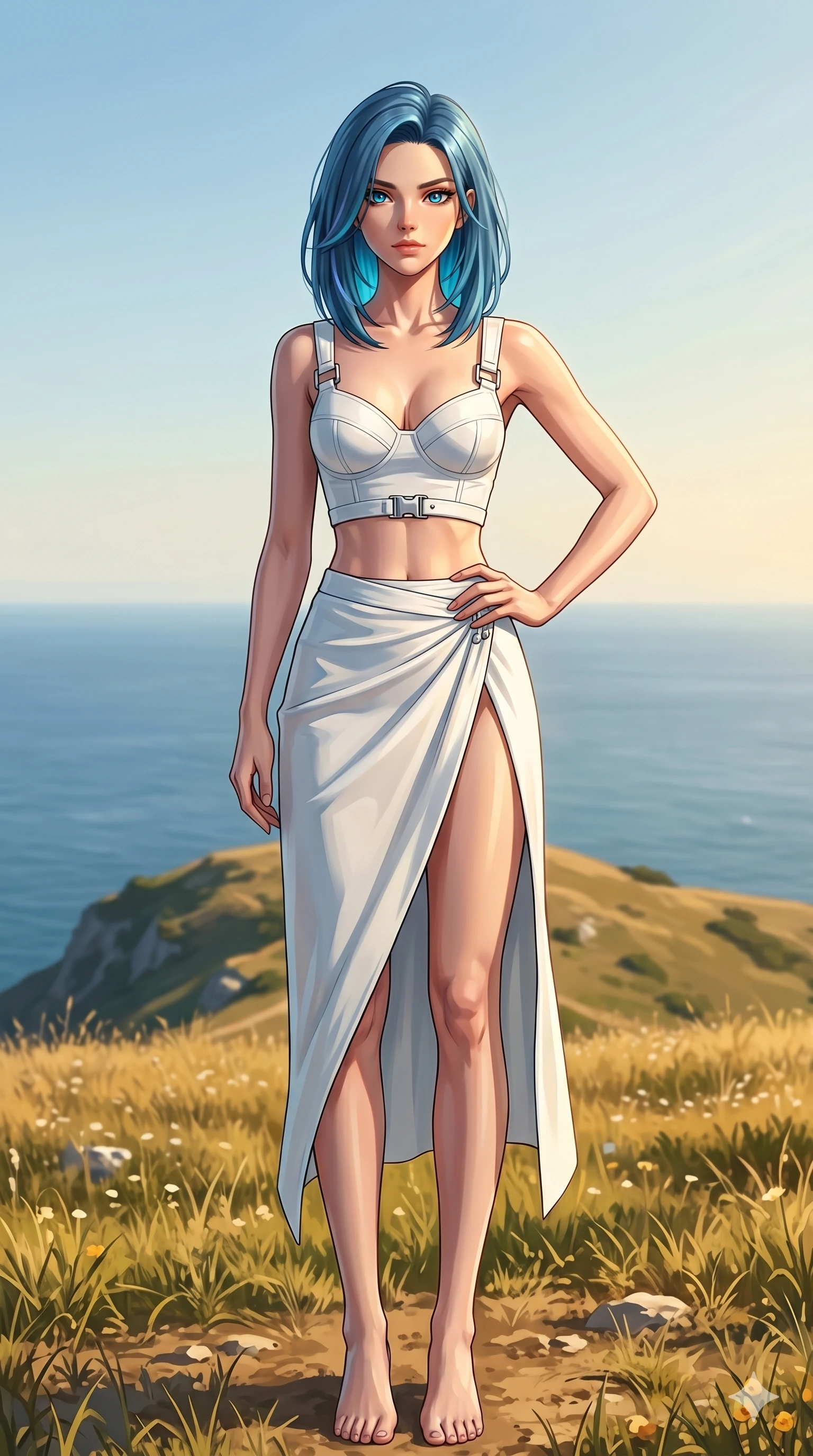 score_9, masterpiece, best quality, ultra-detailed, high-budget anime keyframe, editorial fashion photography, tasteful artistic composition, Caucasian woman, strictly human ears. cowboy shot from the thighs up, character and outfit filling the frame for maximum editorial presence. posing with bright, confident self-assurance, one hand on her hip standing on a hilltop meadow overlooking the sea. She has an absolutely perfect 8-heads proportion, an exceptionally tall and slender female figure with impossibly long slender legs and an ultra-slim waist. V-shaped jawline, high-bridge nose, intricate jewel-like eyes with depth, thick eyelashes, glossy lips with a natural sheen. wearing a structured white crop top with chrome hardware and high-slit wrap skirt. drenched in brilliant midday sunshine casting sharp, warm rays on her figure. 2k, ultra detail, master piece, 9:16 ratio