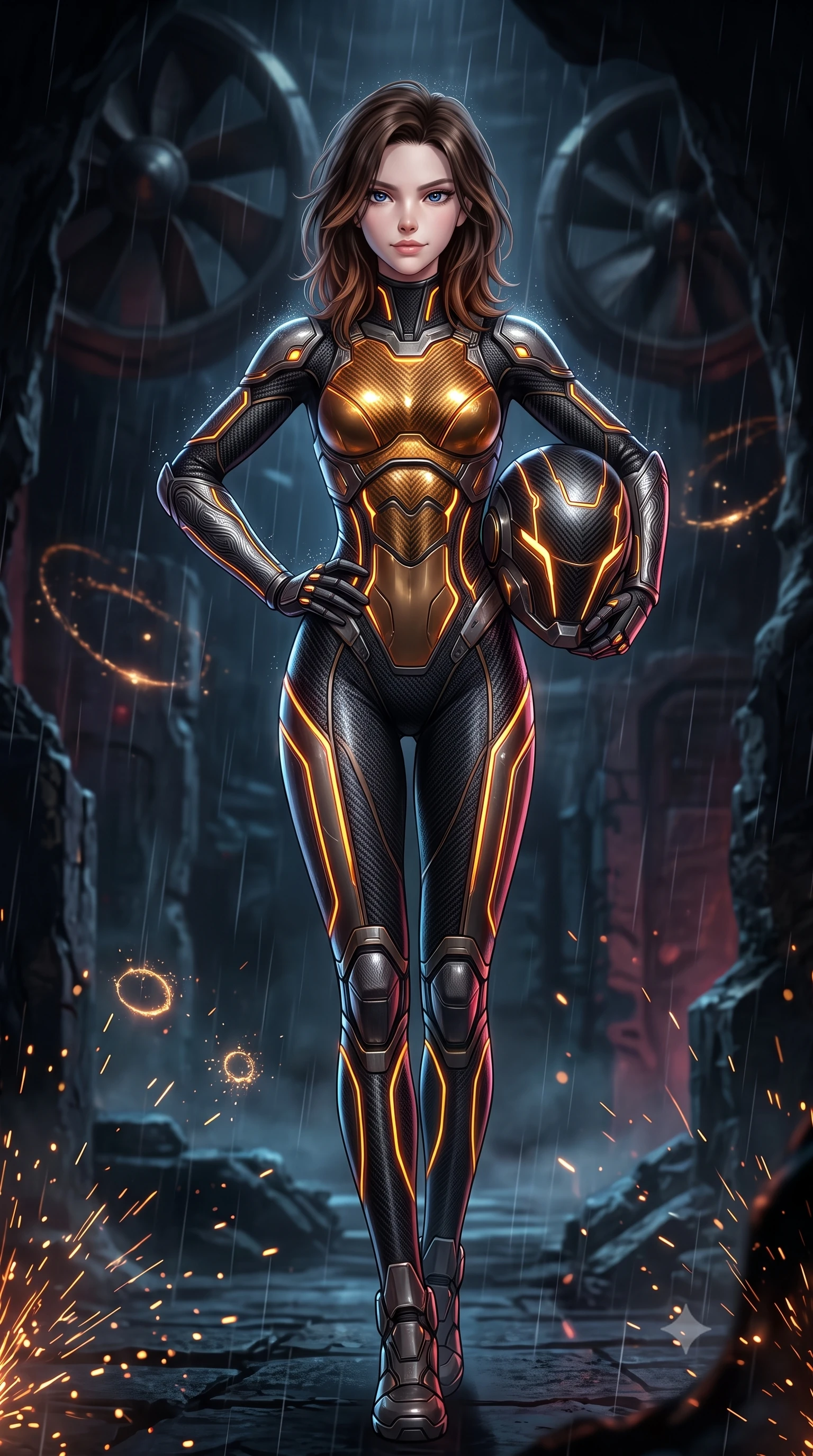 score_9, masterpiece, best quality, ultra-detailed, high-budget anime keyframe, semi-realistic 3D game render, editorial fashion photography, tasteful artistic composition, Korean woman. low angle full-body shot from head to toe showing her feet, filling the entire 9:16 vertical frame with her statuesque presence, stretching her vertical silhouette. striding forward with sovereign warrior elegance in a low, predatory combat advance through the ruins, hips swaying with fierce athletic poise while resting one hand on her hip with a haughty, captivating battle smirk as giant exhaust turbines turn slowly overhead. The composition keeps background elements in soft focus with creamy bokeh. sparkling sonar pulse rings and grinding metal sparks scattering light motes across a dark cavern backdrop. She has an absolutely perfect, statuesque 8.5-heads proportion, an exceptionally tall and slender model-like female figure with impossibly long slender legs, a toned flat midriff, and an ultra-slim waist. sharp v-shaped jawline, high-bridge nose, intricate jewel-like eyes with depth, thick eyelashes, glossy lips with a natural sheen, fierce and resolute heroine expression, flawlessly proportioned anatomical accuracy, strict slender model proportions, natural body alignment, perfectly sculpted long slender limbs, ultra-slim waistline, clean dynamic posture without body distortion. holding a modular carbon battle-helmet under one arm, her flawless face and sculpted neck exposed to the rain with determined warrior focus, paired with a skin-tight dark carbon-weave combat bodysuit with glowing neon energy conduits and reinforced Damascus-pattern forearm strike guards in molten amber-gold carbon cuirass with dark gunmetal weave, crafted from semi-translucent cybernetic carbon-vinyl interwoven with glowing micro-filaments, finished with high-mobility flexible armor articulation seams and miniature magnetic locks, the glove-like aerodynamic second-skin fit tightly clinging to her ultra-slender waist and athletic curves without adding bulk, accentuating her razor-sharp statuesque lines and slim hourglass silhouette. surrounded by a gritty, dangerous, and irresistibly powerful cybernetic queen of the underworld aura. rich saturated anime colors with glowing neon highlights, detailed shading with soft gradients, rich glossy textures, high-contrast stereoscopic depth, volumetric dynamic lighting, master piece, 9:16 ratio