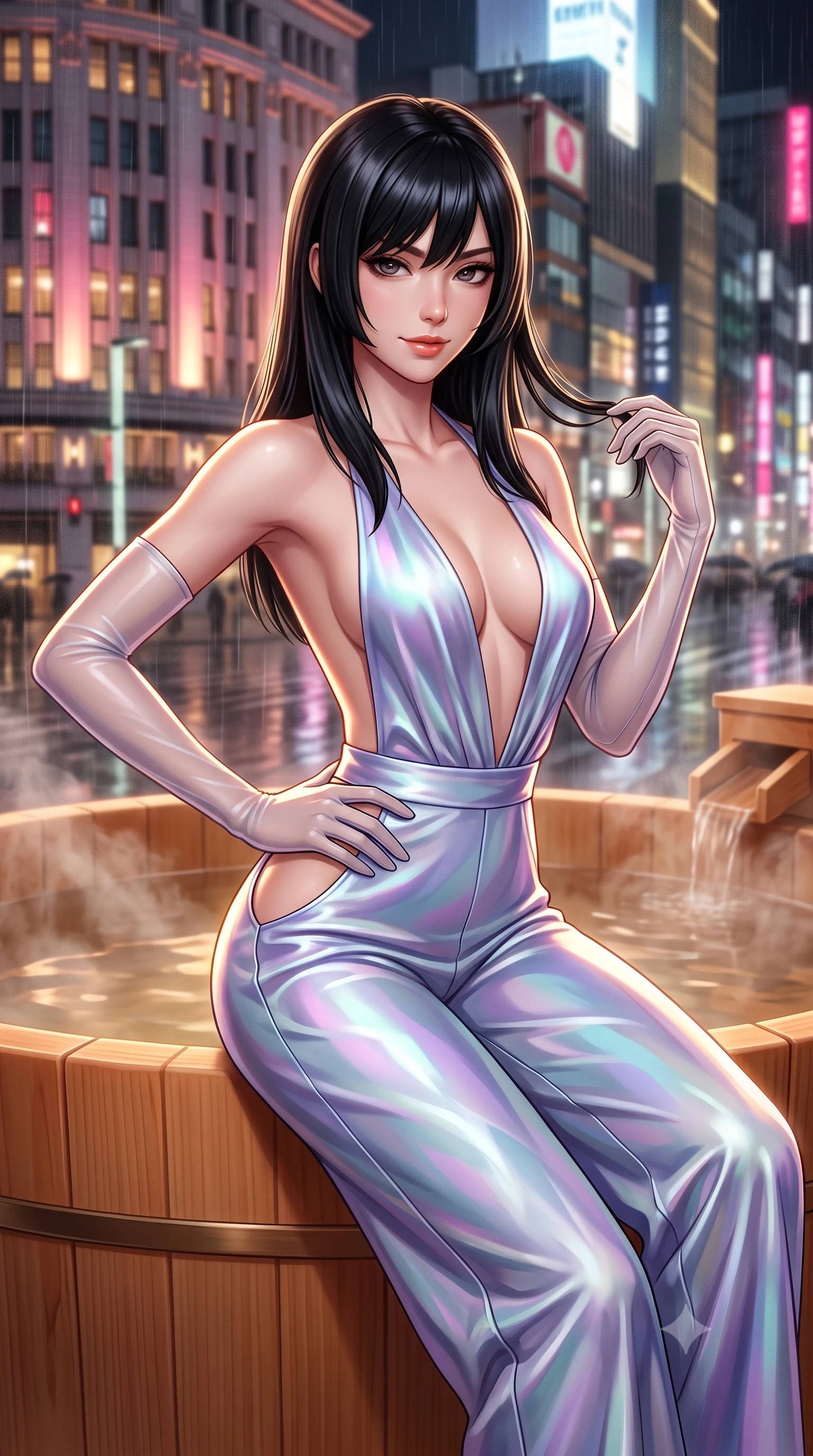 score_9, masterpiece, best quality, ultra-detailed, high-budget anime keyframe, semi-realistic 3D game render, editorial fashion photography, tasteful artistic composition, Caucasian woman. close-up cowboy shot from the waist and thighs up, the character dominates the composition, filling the frame with her large presence. twisting her slender torso in an alluring contrapposto stance, one hand resting on her sculpted hip while her fingers toy with her hair with effortless poise while reclining inside the colossal aromatic Japanese hinoki wood soaking tub, arching her spine with sultry indulgence against the warm cedar rim. The background shows a soft-focus rain-slicked Ginza high-rise neon signs, towering luxury department store facades, and rising aromatic wood steam blurred into neon-pink, gold, and charcoal bokeh. She has an exceptionally elegant, slender, and willowy female figure with an ultra-slim waist, flat toned midriff, narrow ribcage, and sculpted feminine hips creating an alluring, slim hourglass silhouette without bulk. sharp v-shaped jawline, high-bridge nose, sparkling eyes with hypnotic seductive depth, thick curled eyelashes, glossy parted lips with a natural dewy peach sheen, alluring bedroom-eyes with an enchanting coquettish smile, exuding magnetic siren charisma and sophisticated glamour, flawlessly proportioned anatomical accuracy, strict slender model proportions, natural body alignment, perfectly sculpted long slender limbs, ultra-slim waistline, clean dynamic posture without body distortion. wearing a backless plunge-front silk satin jumpsuit with fluid wide-leg silhouette and side hip cutouts in icy aurora-violet and glacial liquid silver, made of semi-opaque stretch illusion mesh with soft shadowy contours, complemented by sheer opera-length evening gloves tracing her slender arms, the glove-like clinging cut tightly following the natural contour of her hips and long slender legs with youthful 8.5-heads elegance. illuminated by wet glass reflections and sharp champagne-gold rim lights defining her delicate clavicles, ultra-slim waist, and curvy hips. highly saturated vibrant anime colors, detailed shading with soft gradients, rich glossy textures, high-contrast stereoscopic depth, volumetric dynamic lighting, master piece, 9:16 ratio