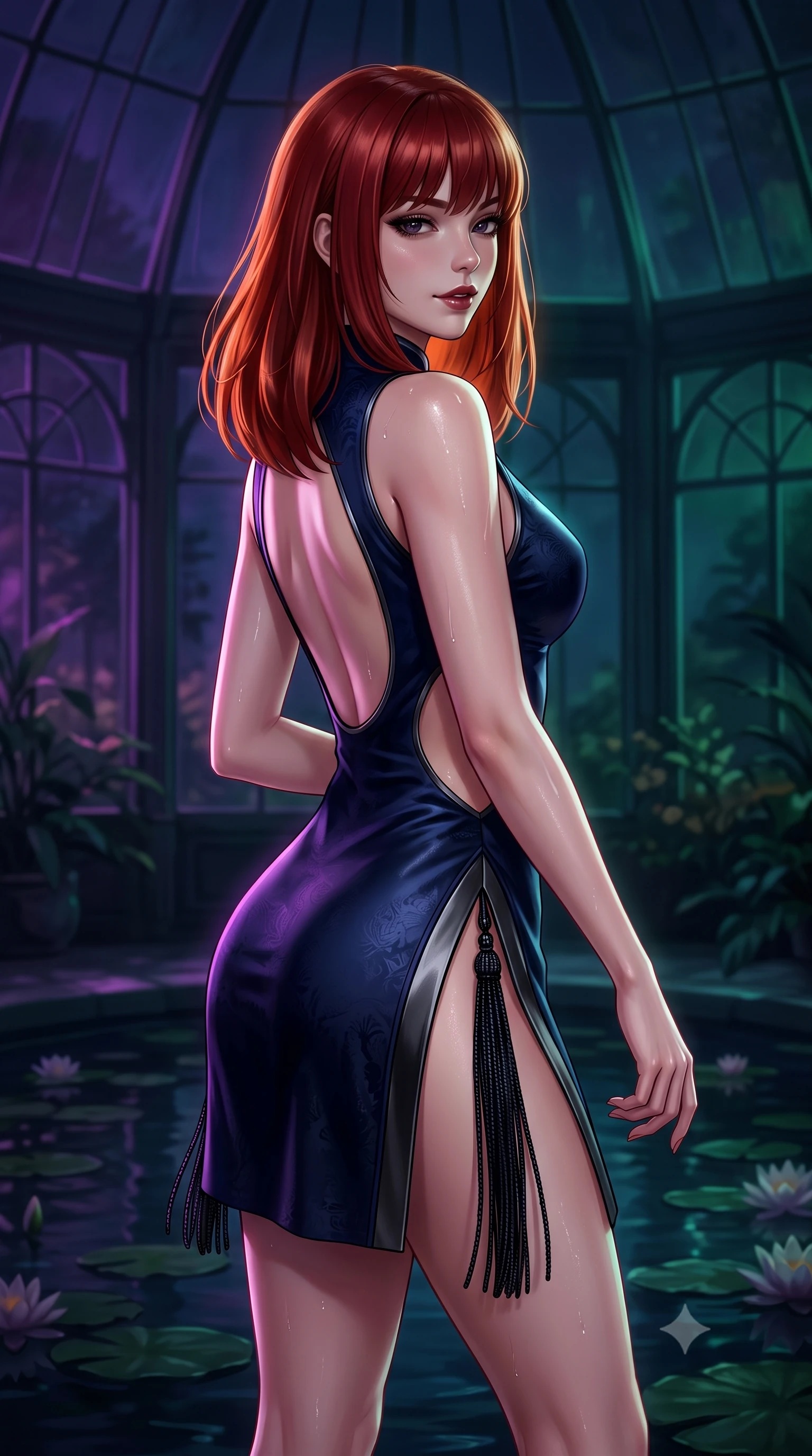 score_9, masterpiece, best quality, ultra-detailed, high-budget anime keyframe, semi-realistic 3D game render, editorial fashion photography, tasteful artistic composition, Caucasian woman. close-up cowboy shot from the waist and thighs up, the character dominates the composition, filling the frame with her large presence. turning slowly with a smoldering smile, her glossy dark hair catching the amber chandelier rim light as her hips angle gracefully in a captivating contrapposto while twisting her slender torso in an alluring S-curve beside a tranquil dark lily pool, subtle neon reflections tracing her curvy hips and flat midriff. The surrounding environment is rendered in vivid detail and crisp panoramic clarity. detailed outfit drape, moisture sheen on skin, and Victorian glasshouse architecture in high clarity. She has an exceptionally elegant, slender, and willowy female figure with an ultra-slim waist, flat toned midriff, narrow ribcage, and sculpted feminine hips creating an alluring, slim hourglass silhouette without bulk. sharp v-shaped jawline, high-bridge nose, intricate jewel-like dark sparkling eyes with dangerous depth, thick curled eyelashes, glossy parted lips with a rich wine sheen, smoldering seductive half-smile with bedroom-eyes, exuding effortless superiority and intoxicating dark allure, flawlessly proportioned anatomical accuracy, strict slender model proportions, natural body alignment, perfectly sculpted long slender limbs, ultra-slim waistline, clean dynamic posture without body distortion. wearing a modern tailored cheongsam mini dress in midnight navy jacquard silk with dramatic side hip slits in pure obsidian monochrome with subtle metallic sheen, crafted from heavy fluid silk satin with a liquid mirror-like drape, accented with fine jet-black beaded tassels that sway with each movement, the precision-cut side openings and low-back scoop framing her graceful spine and the sensual sweep of her slim, toned hips. bathed in moody ultraviolet and deep emerald ambient backlights filtering through soaring glass panes. highly saturated vibrant anime colors, detailed shading with soft gradients, rich glossy textures, high-contrast stereoscopic depth, volumetric dynamic lighting, master piece, 9:16 ratio
