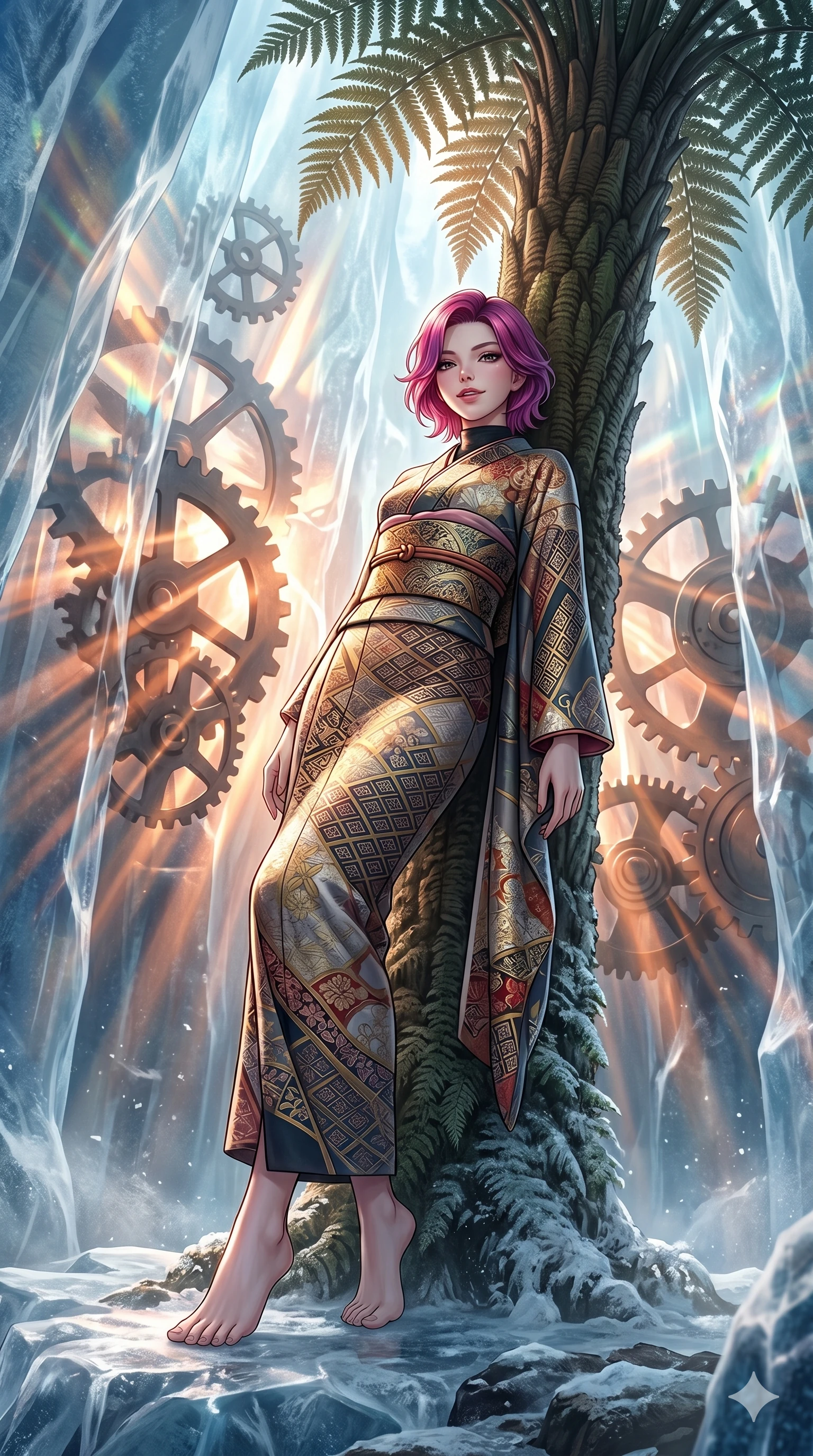 score_9, masterpiece, best quality, ultra-detailed, high-budget anime keyframe, editorial fashion photography, tasteful artistic composition, Caucasian woman, strictly human ears. low angle full-body shot from head to toe showing her feet, filling the entire 9:16 vertical frame with her statuesque presence, stretching her vertical silhouette. leaning back against a massive fern trunk, her lips parted slightly in a confident smile in a glacier dome with prismatic sunlight refracting through ice walls (Code-P18-032). She has an absolutely perfect 8-heads proportion, an exceptionally tall and slender female figure with impossibly long slender legs and an ultra-slim waist. V-shaped jawline, high-bridge nose, intricate jewel-like eyes with depth, thick eyelashes, glossy lips with a natural sheen. wearing a modern high-neck fusion kimono with long sleeves and a wide obi. amber and copper light rays refracting through the gears, creating deep dramatic shadows. 2k, ultra detail, master piece, 9:16 ratio