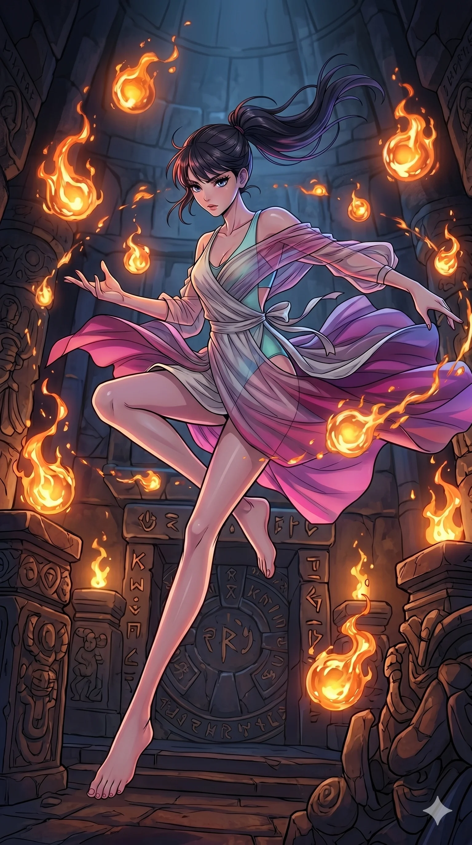 score_9, masterpiece, best quality, ultra-detailed, high-budget anime movie keyframe, cinematic anime lighting, intricate line art, Japanese woman. Extreme high angle shot as she leaps towards the camera, filling the frame. manipulating floating orbs of liquid fire in a dark ritual chamber. She has an absolutely perfect 8-heads proportion, an exceptionally tall and slender female figure with an ultra-slim waist and impossibly long slender legs. strictly human anatomy, two legs only, no extra limbs, clearly defined legs and arms, perfect anatomy, perfect hands and fingers. sharp v-shaped jawline, high-bridge nose, intricate jewel-like eyes, thick eyelashes, glossy lips. Wearing Seasonal/Resort: High-cut one-piece with sarong, linen sundress with tie-back, and sheer fabric wrap. The scene is illuminated by dramatic atmospheric lighting and vibrant color palettes. , 2k, ultra detail, master piece, 9:16 ratio
