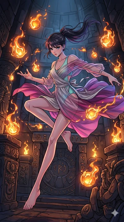 score_9, masterpiece, best quality, ultra-detailed, high-budget anime movie keyframe, cinematic anime lighting, intricate line art, Japanese woman. Extreme high angle shot as she leaps towards the camera, filling the frame. manipulating floating orbs