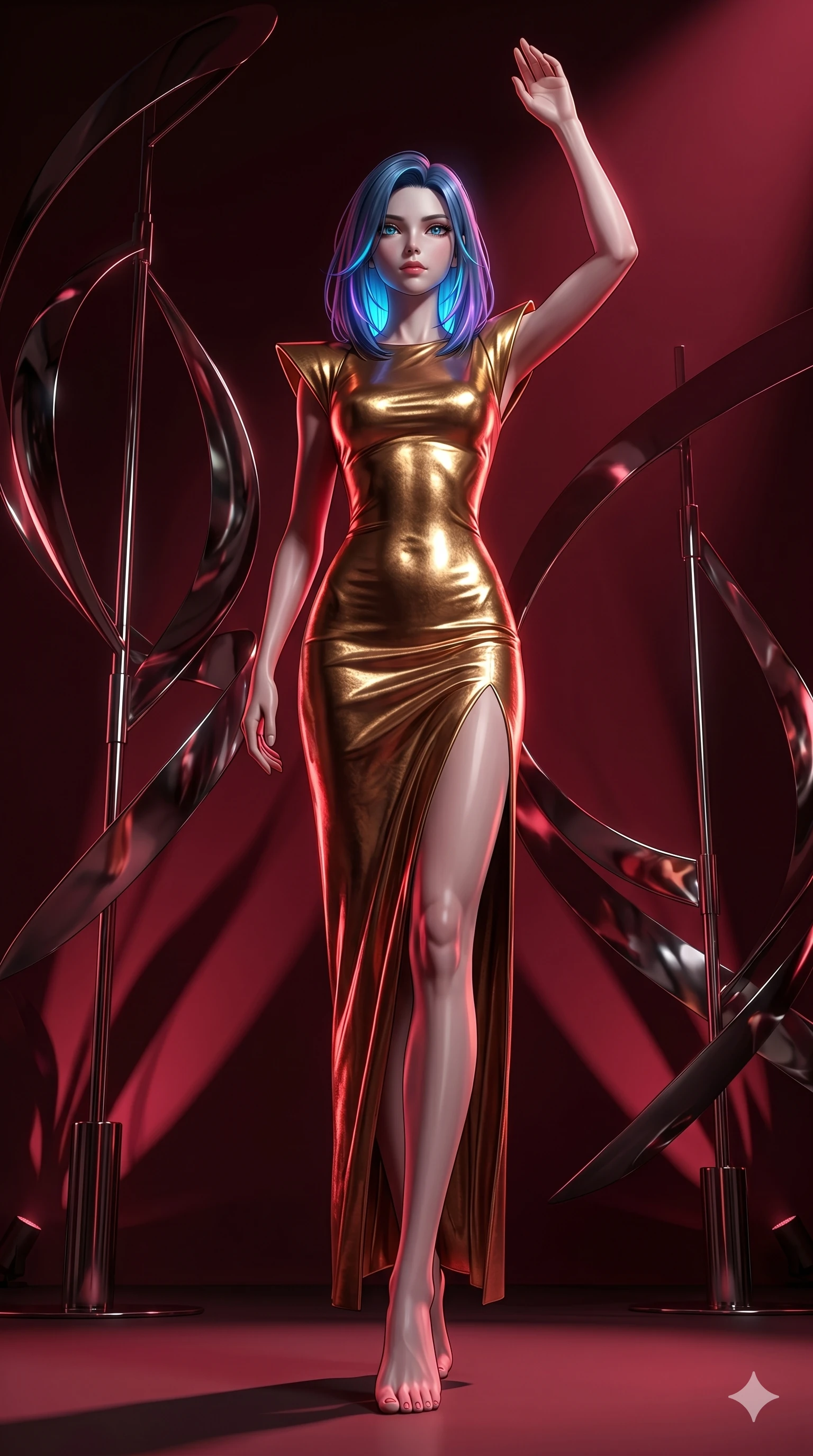 score_9, masterpiece, best quality, ultra-detailed, high-budget anime keyframe, editorial fashion photography, tasteful artistic composition, Caucasian woman, strictly human ears. low angle full-body shot from head to toe showing her feet, filling the entire 9:16 vertical frame with her statuesque presence, stretching her vertical silhouette. Gliding forward with one arm sweeping upward toward the sky inside a kinetic sculpture garden of enormous chrome mobiles casting long sweeping shadows. She has an absolutely perfect 8-heads proportion, an exceptionally tall and slender female figure with impossibly long slender legs and an ultra-slim waist. V-shaped jawline, high-bridge nose, intricate jewel-like eyes with depth, thick eyelashes, glossy lips with a natural sheen. wearing a hammered gold metallic jersey column gown with structured architectural shoulders and a daring high slit ascending to mid-thigh, the fitted body following her form like liquid metal. drenched in deep crimson theatrical lighting with sharp specular highlights on every curve. 2k, ultra detail, master piece, 9:16 ratio