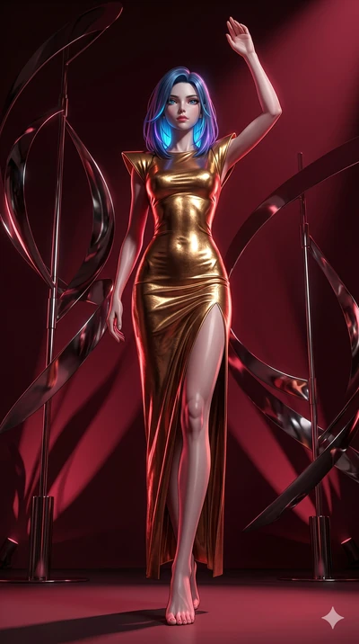 score_9, masterpiece, best quality, ultra-detailed, high-budget anime keyframe, editorial fashion photography, tasteful artistic composition, Caucasian woman, strictly human ears. low angle full-body shot from head to toe showing her feet, filling th