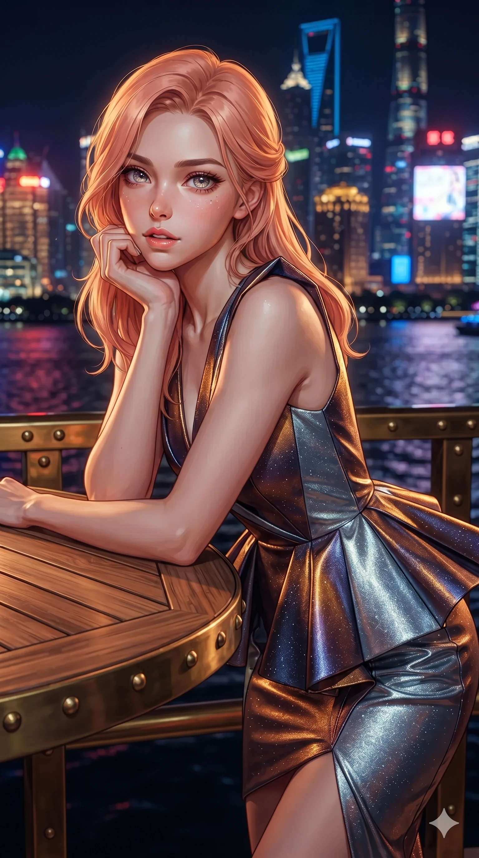 score_9, masterpiece, best quality, ultra-detailed, high-budget anime keyframe, editorial fashion photography, tasteful artistic composition, Japanese woman. close-up cowboy shot from the waist and thighs up, the character dominates the composition, filling the frame with her large presence. resting one elbow on the table and supporting her chin, leaning close to the camera with heavy-lidded sparkling eyes and parted lips while arching her spine backward with effortless dancer poise, one hand sliding along her hip line as vibrant Pudong neon neon washes across her silhouette. The surrounding environment is rendered in vivid detail and crisp panoramic clarity: sharp teak deck caulking seams, sleek brass railing rivets, and crisp neon skyline architecture in deep focus. She has an exceptionally elegant, slender, and willowy female figure with an ultra-slim waist, flat toned midriff, narrow ribcage, and sculpted feminine hips creating an alluring, slim hourglass silhouette without bulk. sharp v-shaped jawline, high-bridge nose, intricate jewel-like sparkling eyes with depth, thick eyelashes, glossy parted lips with a natural sheen, intensely captivating and seductive bedroom-eyes expression, exuding both youthful cute charm and sovereign luxury allure, flawlessly proportioned anatomical accuracy, strict slender model proportions, natural body alignment, perfectly sculpted long slender limbs, ultra-slim waistline, clean dynamic posture without body distortion. wearing a structural geometric peplum gown with sheer side-ribbon cutouts and form-fitting skirt in cosmic eclipse amber and starlight diamond, crafted from luxurious metallic lamé that shifts radiance with every step, finished with delicate crystal-encrusted thigh garter straps glinting in the dim light, the high-slit wrap tailoring accentuating her ultra-slim waistline and the enchanting curve of her feminine hips with alluring seductive charm. bathed in vibrant magenta and electric cyan river skyline reflections contrasting with warm amber interior downlights. ultra-reflective glossy finish, specular highlights, rich textural contrasts, high-contrast stereoscopic depth, volumetric dynamic lighting, 2k, ultra detail, master piece, 9:16 ratio