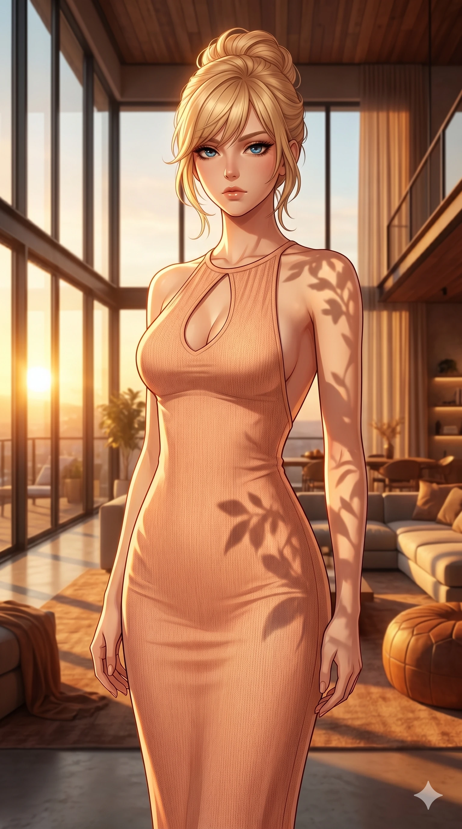 score_9, masterpiece, best quality, ultra-detailed, high-budget anime keyframe, editorial fashion photography, tasteful artistic composition, Caucasian woman, strictly human ears. cowboy shot from the thighs up, character and outfit filling the frame for maximum editorial presence. looking down at the viewer with a haughty, composed and cool expression, her shoulders relaxed inside an airy loft living room with floor-to-ceiling glass walls letting in warm golden hour light (Code-P067). She has an absolutely perfect 8-heads proportion, an exceptionally tall and slender female figure with impossibly long slender legs and an ultra-slim waist. V-shaped jawline, high-bridge nose, intricate jewel-like eyes with depth, thick eyelashes, glossy lips with a natural sheen. wearing a form-fitting peach-colored knit dress with an elegant keyhole cutout and bare back design. bathed in warm, golden afternoon sunbeams casting soft organic shadows of leaves on her skin. 2k, ultra detail, master piece, 9:16 ratio