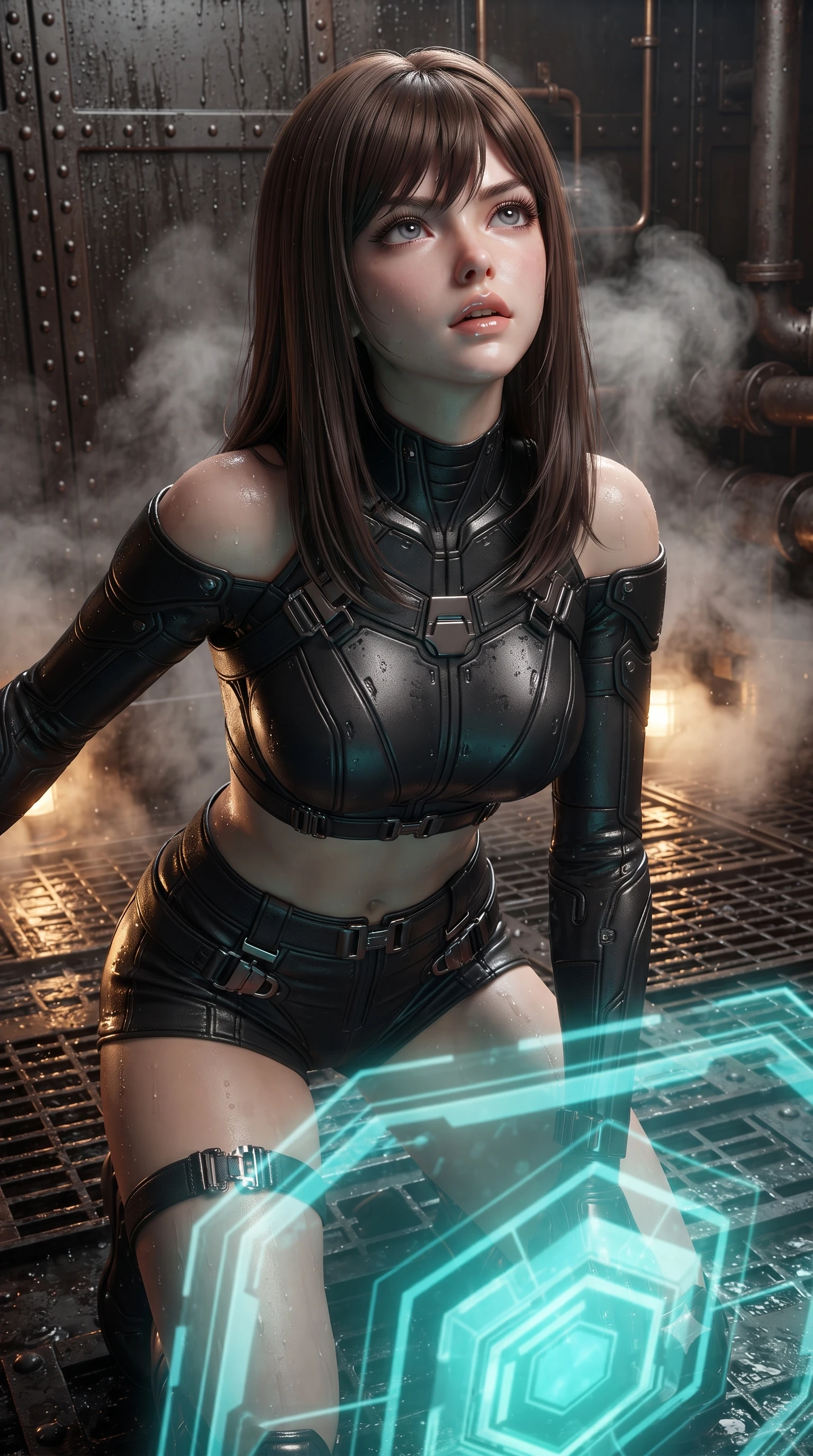 score_9, masterpiece, best quality, ultra-detailed, high-budget anime keyframe, editorial fashion photography, tasteful artistic composition, Korean woman. close-up cowboy shot from the waist and thighs up, the character dominates the composition, filling the frame with her large presence, background elements kept in soft focus. crouching slightly behind a glowing holographic shield emitter, looking up with defiance and lips slightly parted, the background shows a soft-focus a steam venting platform built of dark iron grids and heavy rivet sheets. She has an exceptionally elegant, slender, and willowy female figure with an ultra-slim waist, a gracefully sculpted slender torso, and a refined silhouette. sharp v-shaped jawline, high-bridge nose, intricate jewel-like eyes with depth, thick eyelashes, glossy lips with a natural sheen. wearing a body-hugging chic off-shoulder carbon-plate crop top, paired with high-waisted utility micro-shorts. low-key amber lights highlighting the wet metallic textures of her combat suit. ultra-reflective glossy finish, specular highlights, metallic sheen, high-contrast stereoscopic depth, volumetric dynamic lighting, 2k, ultra detail, master piece, 9:16 ratio