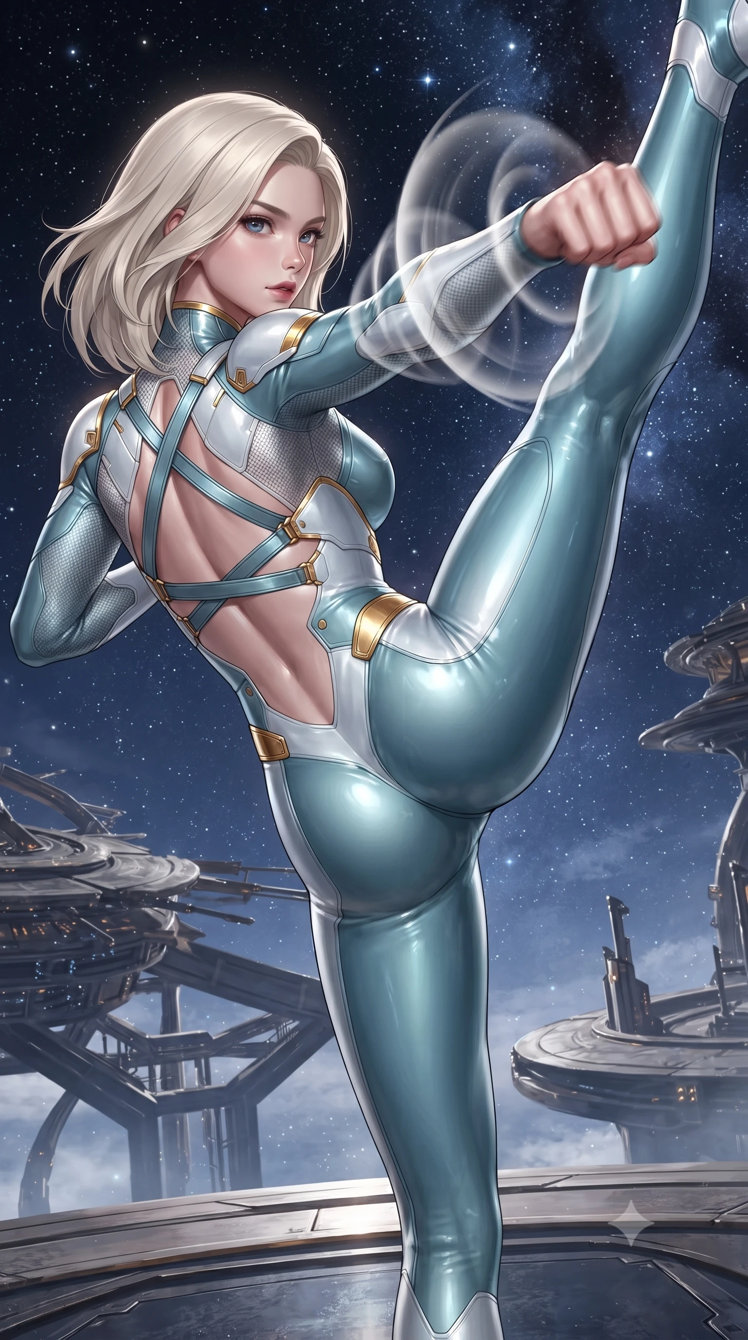 score_9, masterpiece, best quality, ultra-detailed, high-budget anime keyframe, editorial fashion photography, tasteful artistic composition, Caucasian woman. close-up cowboy shot from the waist and thighs up, the character dominates the composition, filling the frame with her large presence. thrusting a high-speed kinetic punch toward the camera, a visible conical shockwave distortion wrapping around her sleek carbon forearm while pivoting dynamically in mid-air as she executes a zero-G 180-degree vertical split kick against the star-filled cosmic backdrop. The surrounding environment is rendered in vivid detail and crisp panoramic clarity. dramatic orbital chiaroscuro and transcendent high-altitude martial arts architecture in panoramic precision. She has an exceptionally elegant, slender, and willowy female figure with an ultra-slim waist, a gracefully sculpted slender torso, toned flat midriff, and a refined slim silhouette. sharp v-shaped jawline, high-bridge nose, intricate jewel-like eyes with depth, thick eyelashes, glossy lips with a natural sheen, flawlessly proportioned anatomical accuracy, strict slender model proportions, natural body alignment, perfectly sculpted long slender limbs, ultra-slim waistline, clean dynamic posture without body distortion. wearing an ultra-sleek glacial-cyan and white carbon-mesh combat bodysuit with frost-resistant kinetic shock-absorber plating in arctic white carbon composite with radiant solar gold plating, crafted from ultra-strong woven carbon-fiber composite with a satin luster, complemented by criss-cross back harness straps highlighting her completely bare spine, the liquid-tight tailored fabric emphasizing every curve of her tall, slender model proportions and sculptured silhouette during dynamic movement. illuminated by crisp white key light and sharp specular highlights tracing her ultra-slim waist and long legs. ultra-reflective glossy finish, specular highlights, dark metallic sheen, high-contrast stereoscopic depth, volumetric dynamic lighting, 2k, ultra detail, master piece, 9:16 ratio