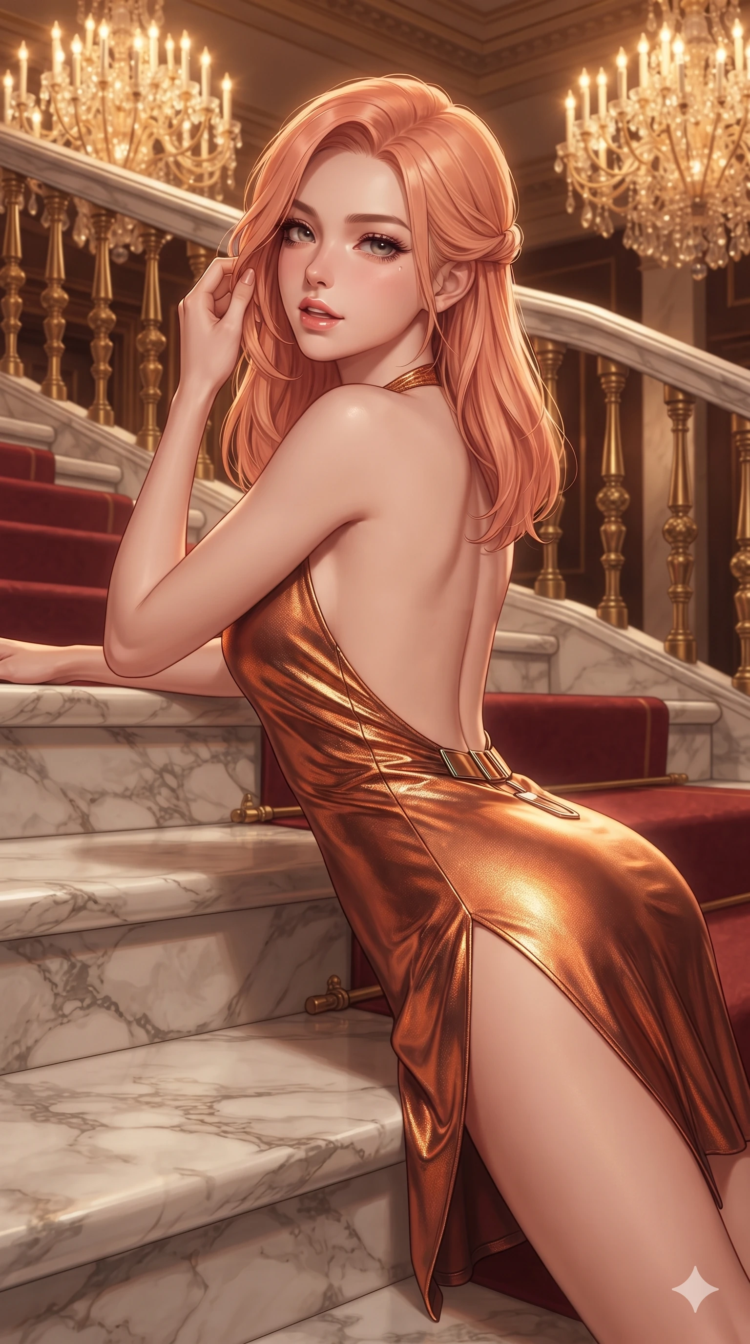 score_9, masterpiece, best quality, ultra-detailed, high-budget anime keyframe, editorial fashion photography, tasteful artistic composition, Japanese woman. close-up cowboy shot from the waist and thighs up, the character dominates the composition, filling the frame with her large presence. gently brushing a lock of hair behind her ear while casting a playful, flirtatious side-gaze with long eyelashes while reclining on the broad marble stair landing propped on one elbow, her long slender legs and sculpted waist commanding the opulent Belle Époque space. The surrounding environment is rendered in vivid detail and crisp panoramic clarity: sharp Italian Carrara marble step veining, plush crimson carpet weave, and crisp gilded brass baluster facets in deep focus. She has an exceptionally elegant, slender, and willowy female figure with an ultra-slim waist, flat toned midriff, narrow ribcage, and sculpted feminine hips creating an alluring, slim hourglass silhouette without bulk. sharp v-shaped jawline, high-bridge nose, intricate jewel-like eyes with depth, thick eyelashes, glossy parted lips with a natural sheen, intensely captivating and seductive bedroom-eyes expression, flawlessly proportioned anatomical accuracy, strict slender model proportions, natural body alignment, perfectly sculpted long slender limbs, ultra-slim waistline, clean dynamic posture without body distortion. wearing a backless metallic lamé halterneck mini dress with deep scoop back down to her lower spine and thigh-high slit in warm Tuscan ochre and terracotta sienna, crafted from luxurious metallic lamé that shifts radiance with every step, finished with sleek magnetic buckle closures fluttering in the breeze, the glove-like clinging cut tightly following the natural contour of her hips and long slender legs with youthful 8.5-heads elegance. bathed in the warm radiant 2600K amber illumination of towering crystal chandeliers mixed with soft gilded reflection bounce. ultra-reflective glossy finish, specular highlights, rich textural contrasts, high-contrast stereoscopic depth, volumetric dynamic lighting, 2k, ultra detail, master piece, 9:16 ratio