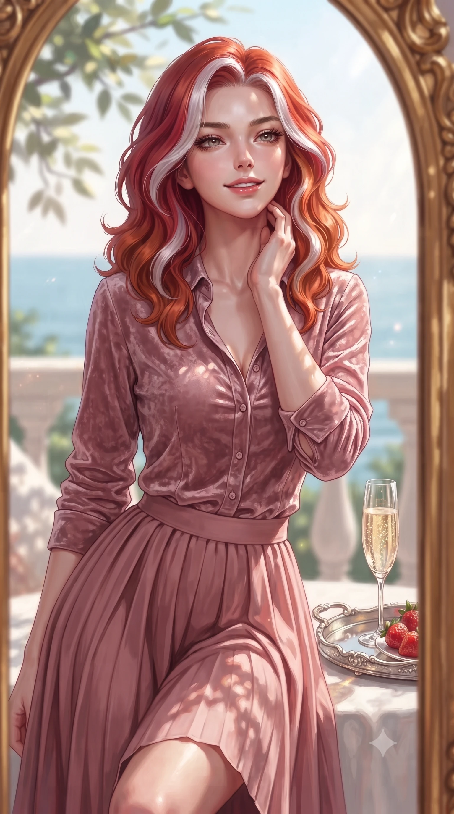 score_9, masterpiece, best quality, ultra-detailed, high-budget anime keyframe, editorial fashion photography, tasteful artistic composition, Caucasian woman. close-up cowboy shot from the waist and thighs up, the character dominates the composition, filling the frame with her large presence, background elements kept in soft focus. gazing into a gilded mirror reflection with a confident, sensual smile, tracing her neck contour set against a soft-focus background of inside an exclusive oceanfront balcony with a crystal glass of sparkling champagne and fresh strawberries on a silver tray. She has an exceptionally elegant, slender, and willowy female figure with an ultra-slim waist, a gracefully sculpted slender torso, and a refined silhouette. sharp v-shaped jawline, high-bridge nose, intricate jewel-like eyes with depth, thick eyelashes, glossy lips with a natural sheen. wearing form-contouring dusty rose crushed velvet casual linen button-down shirt paired with a flowy pleated midi skirt featuring refined tailored seams. highlighted by dappled sunlight filtering through leafy branches, creating soft organic patterns. highly saturated vibrant anime colors, detailed shading with soft gradients, rich glossy textures, high-contrast stereoscopic depth, volumetric dynamic lighting, master piece, 9:16 ratio