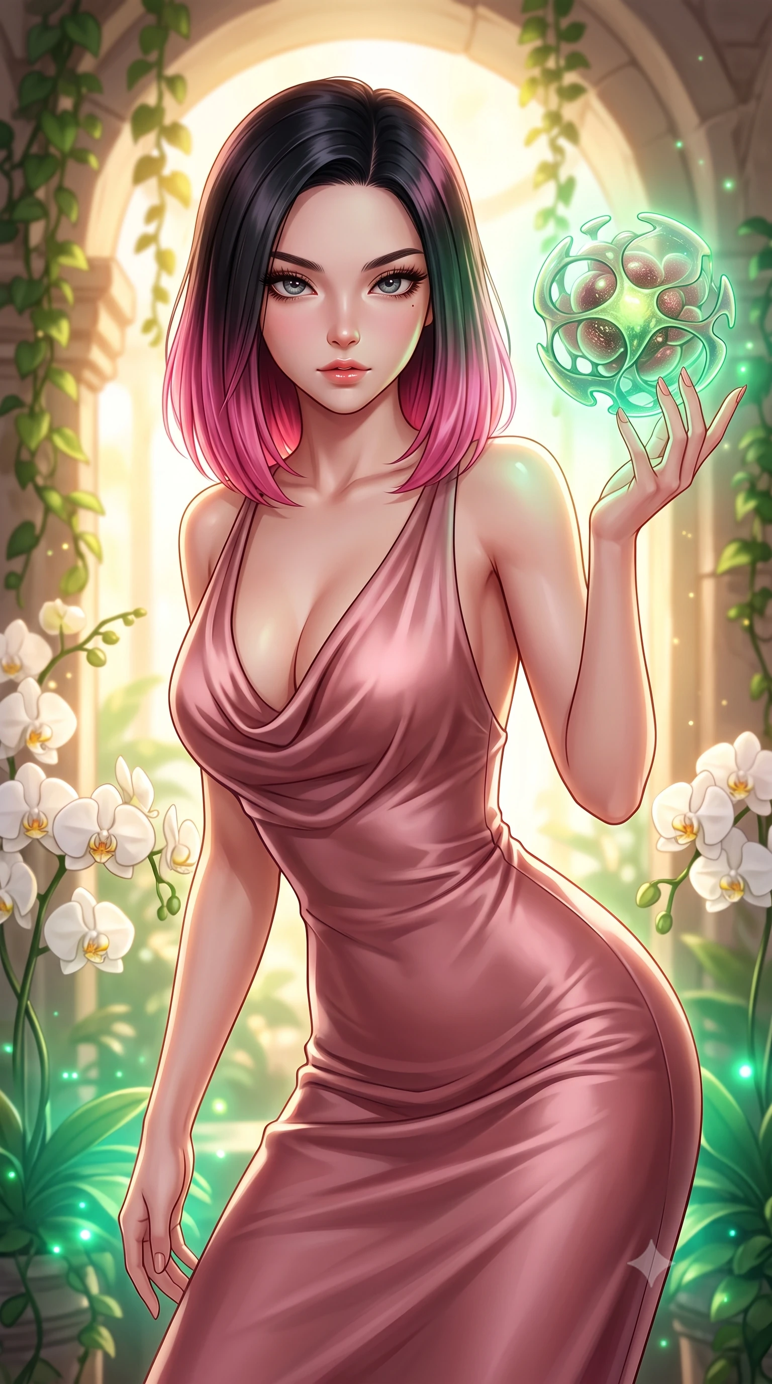 score_9, masterpiece, best quality, ultra-detailed, high-budget anime keyframe, editorial fashion photography, tasteful artistic composition, Korean woman. close-up cowboy shot from the waist and thighs up, the character dominates the composition, filling the frame with her large presence, background elements kept in soft focus. Reaching one hand gracefully toward the viewer with effortless superiority and allure interacting with a floating biomorphic pollen orb in a sunlit sanctuary, lush green vines and white orchids framing the bright architectural backdrop. She has an exceptionally elegant, slender, and willowy female figure with an ultra-slim waist, a gracefully sculpted slender torso, and a refined silhouette. sharp v-shaped jawline, high-bridge nose, intricate jewel-like eyes with depth, thick eyelashes, glossy lips with a natural sheen. wearing an elegant cowl-neck satin midi dress in dusty rose with a graceful draped neckline, the tailored fabric tightly following every curve of her athletic build. bathed in warm golden sunlight and soft emerald bioluminescent glow. highly saturated vibrant anime colors, detailed shading with soft gradients, rich glossy textures, high-contrast stereoscopic depth, volumetric dynamic lighting, master piece, 9:16 ratio