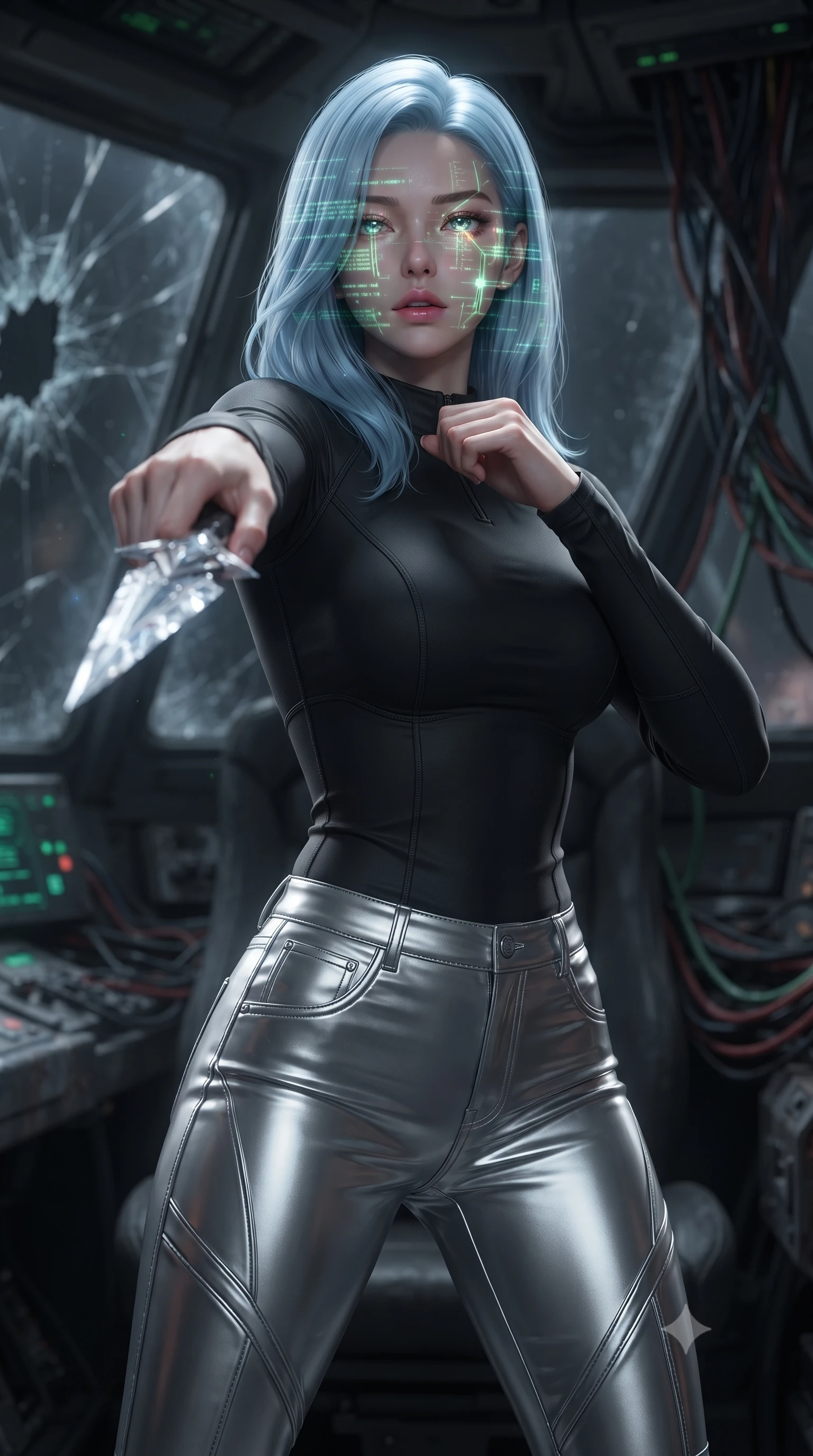 score_9, masterpiece, best quality, ultra-detailed, high-budget anime keyframe, editorial fashion photography, tasteful artistic composition, Korean woman. close-up cowboy shot from the waist and thighs up, the character dominates the composition, filling the frame with her large presence, background elements kept in soft focus. pointing a crystal-edged laser dagger forward in a defensive stance, tilting her chin up slightly with lips parted in a composed pose, the background shows a soft-focus the cockpit of a crashed colossal mech with cracked glass and exposed wire bundles. She has an exceptionally elegant, slender, and willowy female figure with an ultra-slim waist, a gracefully sculpted slender torso, and a refined silhouette. sharp v-shaped jawline, high-bridge nose, intricate jewel-like eyes with depth, thick eyelashes, glossy lips with a natural sheen. wearing a body-hugging body-hugging long-sleeve combat top in carbon-black, tucked into tight-fitting metallic silver skinny pants. flickering green cockpit telemetry lights projecting code lines on her face. ultra-reflective glossy finish, specular highlights, metallic sheen, high-contrast stereoscopic depth, volumetric dynamic lighting, 2k, ultra detail, master piece, 9:16 ratio