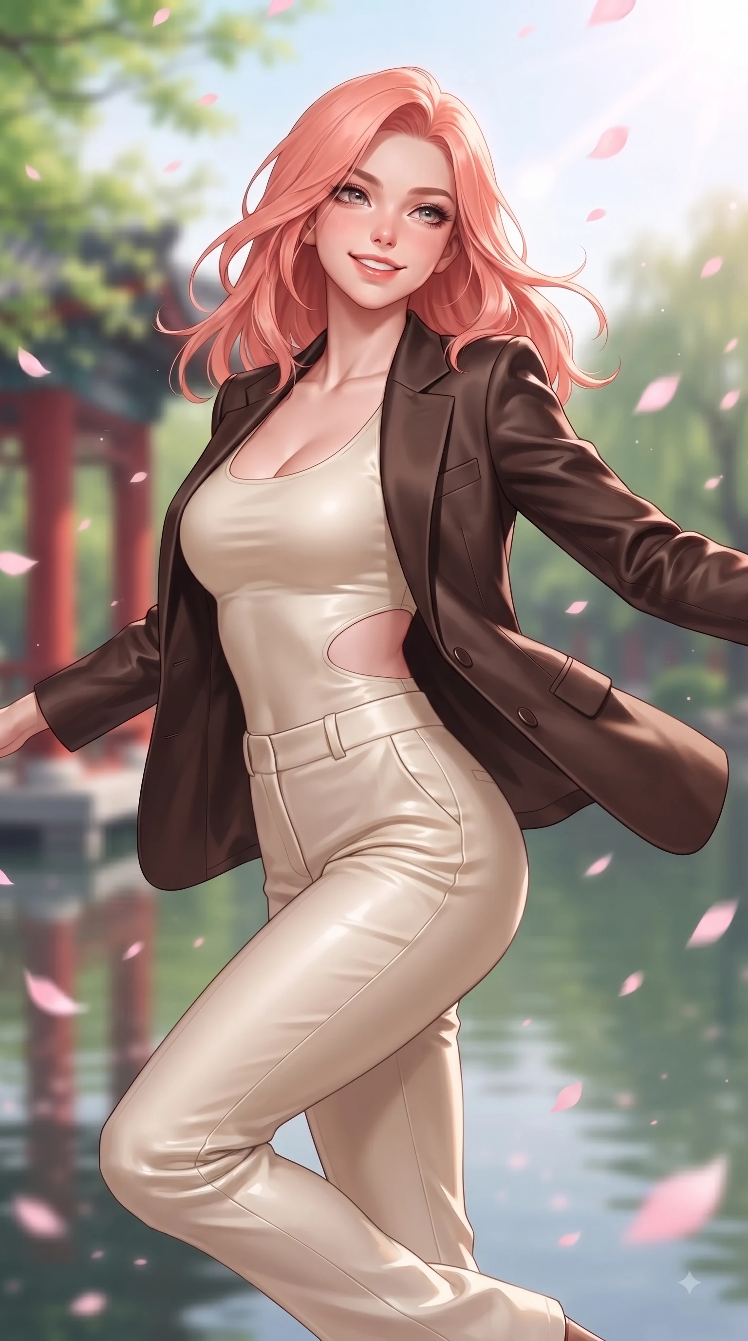 score_9, masterpiece, best quality, ultra-detailed, high-budget anime keyframe, editorial fashion photography, tasteful artistic composition, Japanese woman. close-up cowboy shot from the waist and thighs up, the character dominates the composition, filling the frame with her large presence, background elements kept in soft focus. Extending one arm in an elegant stretch toward the sun while smiling with vibrant, magnetic self-assurance while spinning in mid-air over a serene mirror lake as pink petals rain softly around her, red vermilion pavilion columns contrasting vividly with green spring foliage. She has an exceptionally elegant, slender, and willowy female figure with an ultra-slim waist, a gracefully sculpted slender torso, and a refined silhouette. sharp v-shaped jawline, high-bridge nose, intricate jewel-like eyes with depth, thick eyelashes, glossy lips with a natural sheen, flawlessly proportioned anatomical accuracy, natural body alignment, perfectly sculpted elegant limbs, clean dynamic posture without body distortion. wearing a tailored silk blazer over a form-contouring scoop-neck top and slacks in espresso brown and warm cream, made of premium stretch velvet with a rich sheen, featuring clean architectural cutouts along her slender torso, the form-contouring material highlighting her ultra-slim waist and long lines. illuminated by soft glowing pink ambient light and clear sky refractions. ultra-reflective glossy finish, specular highlights, metallic sheen, high-contrast stereoscopic depth, volumetric dynamic lighting, 2k, ultra detail, master piece, 9:16 ratio