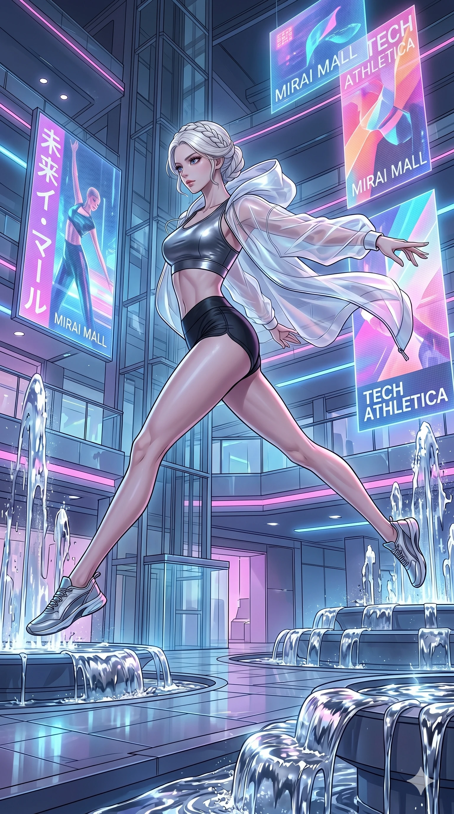 score_9, masterpiece, best quality, ultra-detailed, high-budget anime movie keyframe, cinematic anime lighting, intricate line art, Japanese woman. Dynamic full-body shot stretching the vertical silhouette across the 9:16 frame. leaping gracefully in a holographic shopping mall with liquid mercury fountains. She has an absolutely perfect 8-heads proportion, an exceptionally tall and slender female figure with an ultra-slim waist and impossibly long slender legs. sharp v-shaped jawline, high-bridge nose, intricate jewel-like eyes, thick eyelashes, glossy lips. Wearing premium athleisure set with a metallic-finish compression top, high-cut yoga shorts that accentuate her long legs, and a sheer oversized hoodie. The scene is illuminated by dramatic atmospheric lighting and vibrant color palettes. , 2k, ultra detail, master piece, 9:16 ratio