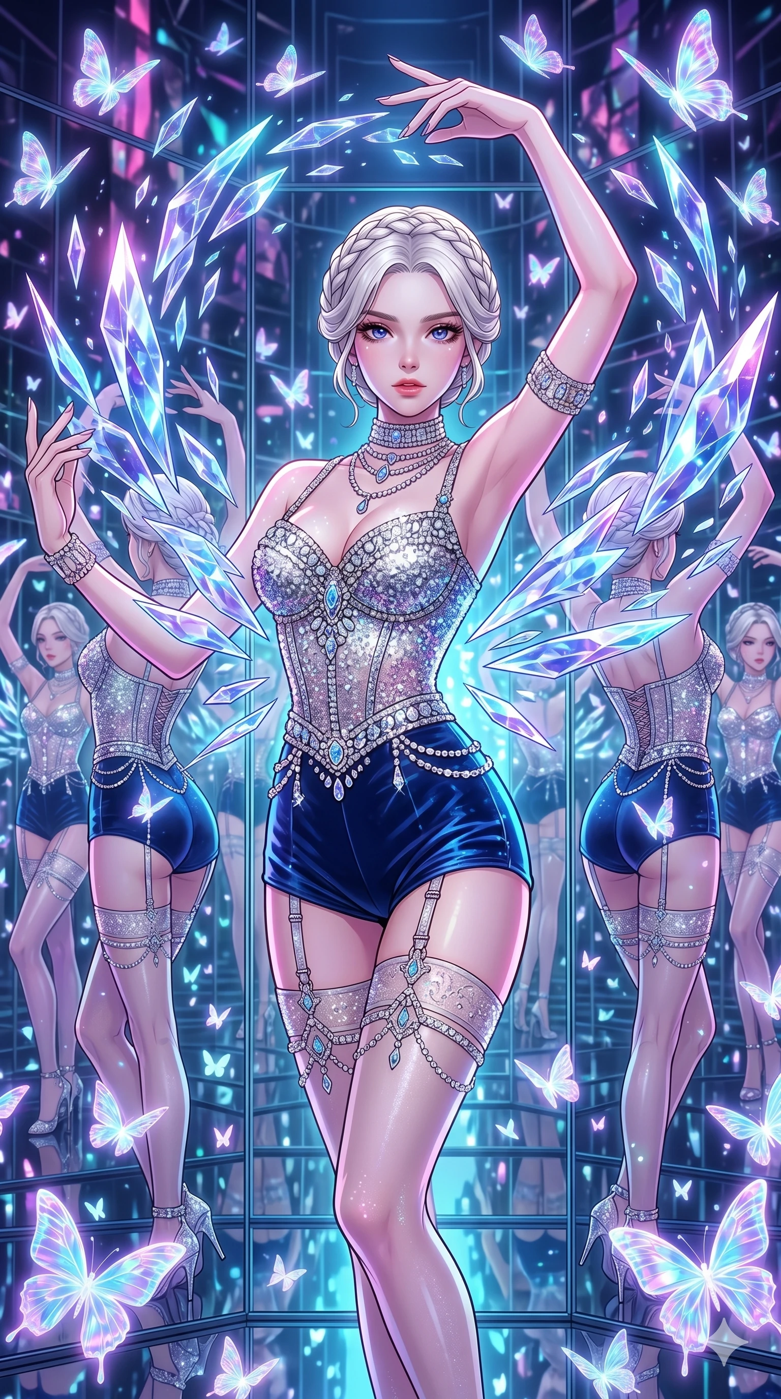 score_9, masterpiece, best quality, ultra-detailed, high-budget anime movie keyframe, cinematic anime lighting, intricate line art, Korean woman. Medium shot of upper body capturing the intricate details of her high-fashion attire. dancing with data-shards in a infinite mirror maze surrounded by glowing butterflies. She has an absolutely perfect 8-heads proportion, an exceptionally tall and slender female figure with an ultra-slim waist and impossibly long slender legs. sharp v-shaped jawline, high-bridge nose, intricate jewel-like eyes, thick eyelashes, glossy lips. Wearing luxurious K-pop idol stage outfit featuring a sparkling sequined corset, high-cut velvet shorts, and sheer silk stockings with garter belts, accessorized with crystal chokers. The scene is illuminated by dramatic atmospheric lighting and vibrant color palettes. , 2k, ultra detail, master piece, 9:16 ratio
