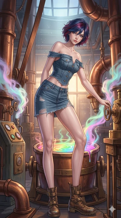 score_9, masterpiece, best quality, ultra-detailed, high-budget anime keyframe, Korean woman. low angle full-body shot filling the entire 9:16 frame with her statuesque presence, stretching the vertical silhouette. operating a steampunk aurora foundr
