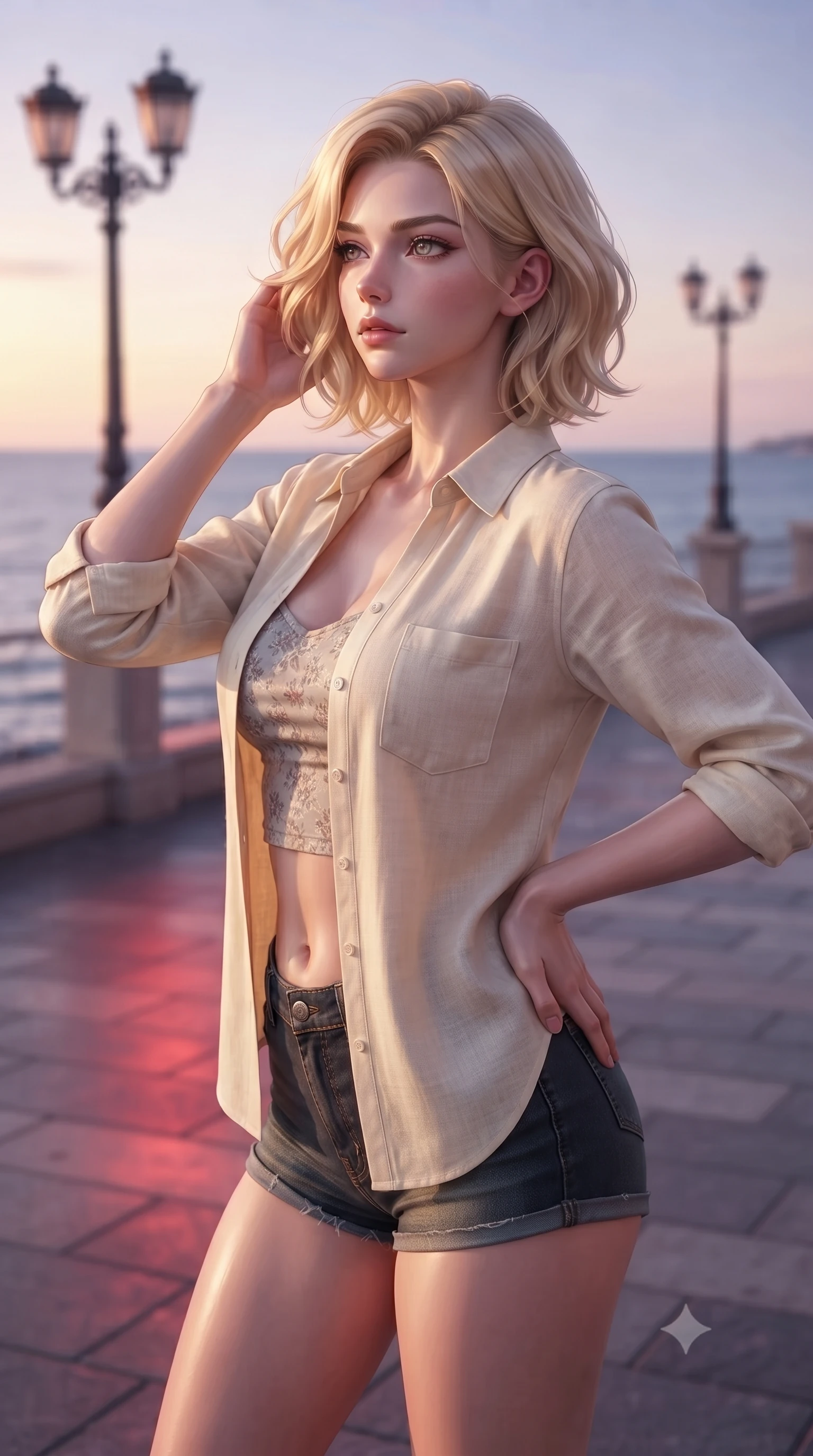 score_9, masterpiece, best quality, ultra-detailed, high-budget anime keyframe, editorial fashion photography, tasteful artistic composition, Caucasian woman woman. close-up cowboy shot from the waist and thighs up, the character dominates the composition, filling the frame with her large presence, background elements kept in soft focus. looking past the camera with a peaceful, thoughtful gaze, enjoying the warm sunlight the background shows a soft-focus a paved promenade with classic lamp posts overlooking a calm sea at sunset. She has an exceptionally elegant, slender, and willowy female figure with an ultra-slim waist, a gracefully sculpted slender torso, and a refined silhouette. sharp v-shaped jawline, high-bridge nose, intricate jewel-like eyes with depth, thick eyelashes, glossy lips with a natural sheen. wearing a form-contouring lightweight open-front linen shirt over a crop top and micro-shorts. the warm red and violet glow of twilight reflecting on the pavement. ultra-reflective glossy finish, specular highlights, metallic sheen, high-contrast stereoscopic depth, volumetric dynamic lighting, 2k, ultra detail, master piece, 9:16 ratio