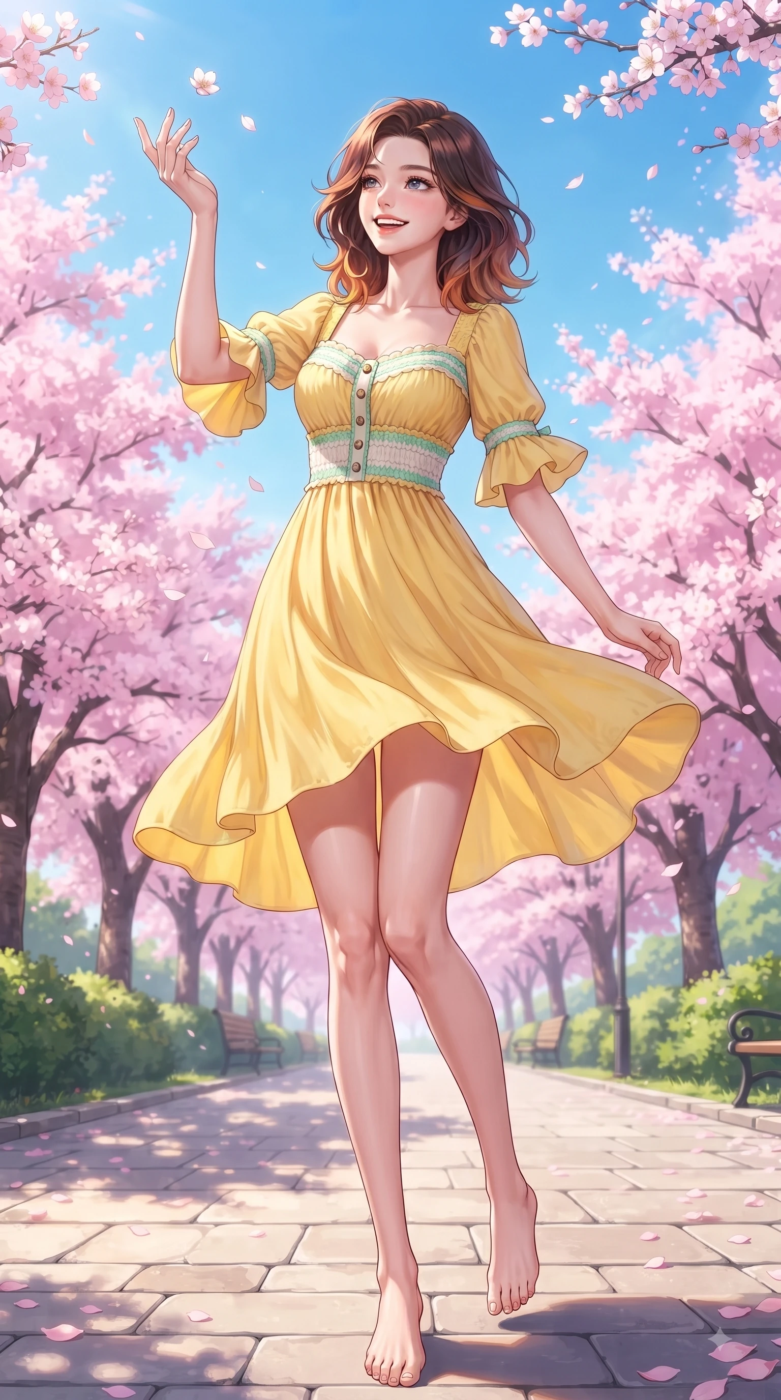 score_9, masterpiece, best quality, ultra-detailed, high-budget anime keyframe, editorial fashion photography, tasteful artistic composition, Korean woman. low angle full-body shot from head to toe showing her feet, filling the entire 9:16 vertical frame with her statuesque presence, stretching her vertical silhouette. performing a cheerful mid-motion turn with flawless poise, her radiant smile capturing fresh girlhood energy while reaching her hand up playfully to catch a floating blossom petal with a joyful expression. The surrounding environment is rendered in vivid detail and crisp panoramic clarity. endless pink sakura tree arcades, sunlit stone pathways, and clear spring blue sky in deep focus. She has an absolutely perfect, statuesque 8.5-heads proportion, an exceptionally tall and slender model-like female figure with impossibly long slender legs and an ultra-slim waist. sharp v-shaped jawline, high-bridge nose, intricate jewel-like eyes with depth, thick eyelashes, glossy lips with a natural sheen, flawlessly proportioned anatomical accuracy, natural body alignment, perfectly sculpted elegant limbs, clean dynamic posture without body distortion. wearing a sunny yellow cotton sundress with a sweetheart neckline and wooden button accents in refreshing mint green and crisp white, knitted from soft cozy cashmere yarn, accented with soft smocked details and fluttery cuffs, the breezy lightweight fabric fluttering softly against her delicate frame. surrounded by a fresh, sweet, and nostalgic spring park atmosphere. ultra-reflective glossy finish, specular highlights, metallic sheen, high-contrast stereoscopic depth, volumetric dynamic lighting, 2k, ultra detail, master piece, 9:16 ratio