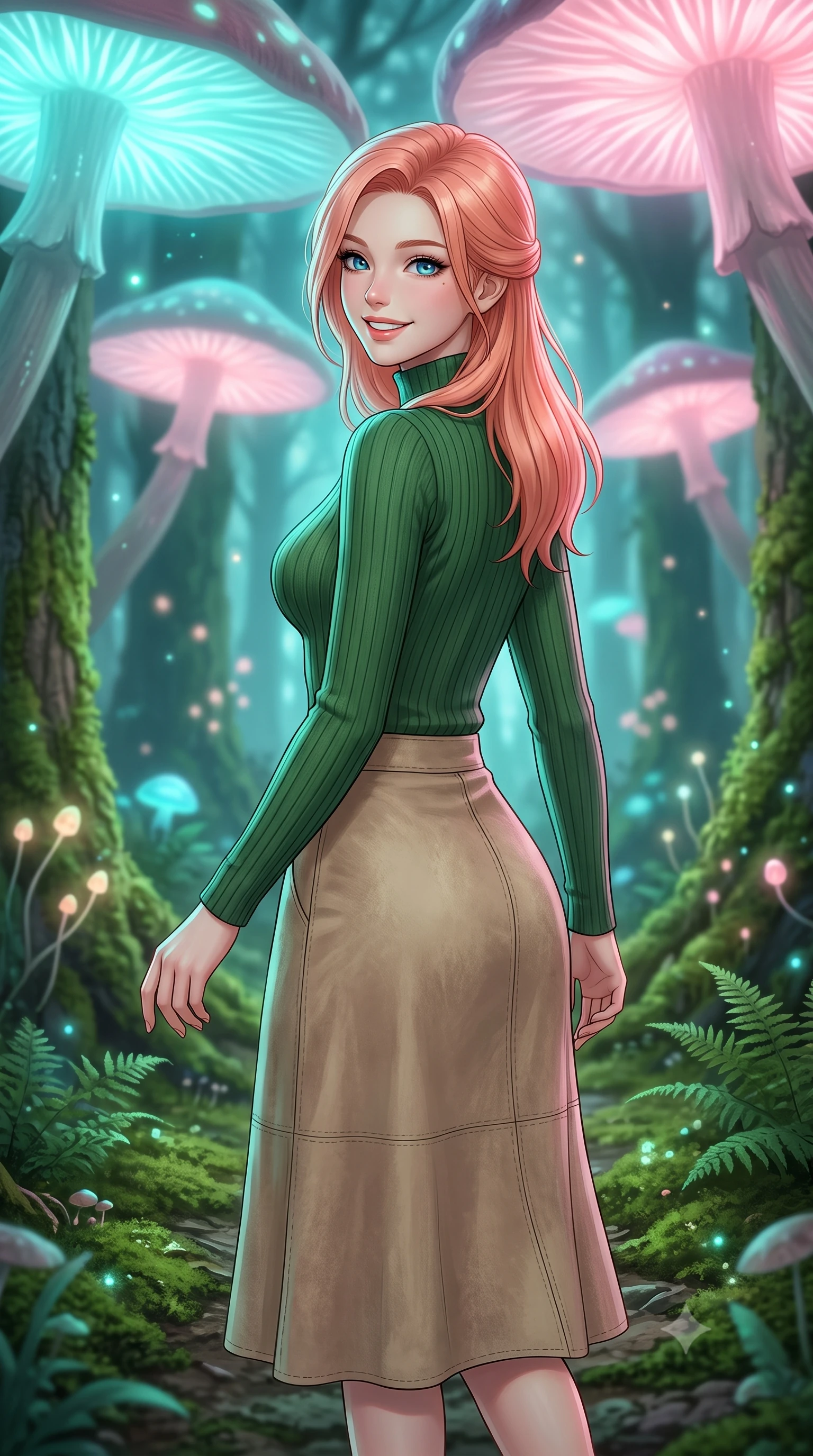 score_9, masterpiece, best quality, ultra-detailed, high-budget anime keyframe, editorial fashion photography, tasteful artistic composition, Japanese woman. close-up cowboy shot from the waist and thighs up, the character dominates the composition, filling the frame with her large presence, background elements kept in soft focus. Looking over her shoulder with a bright, welcoming smile and happy eyes. set against a soft-focus background of walking along a mossy path in an ancient forest under a canopy of giant bioluminescent glowing mushrooms that emit soft cyan and pink light. She has an exceptionally elegant, slender, and willowy female figure with a highly-defined ultra-slim waist, a gracefully sculpted slender torso, and a refined slim-fit silhouette that contours her form. sharp v-shaped jawline, high-bridge nose, intricate jewel-like eyes with depth, thick eyelashes, glossy lips with a natural sheen. wearing a body-hugging high-neck forest green ribbed sweater paired with a beige suede midi skirt. cool cyan and soft pink lights from the mushrooms, wrapping the forest floor in a magical glowing ambiance. 2k, ultra detail, master piece, 9:16 ratio