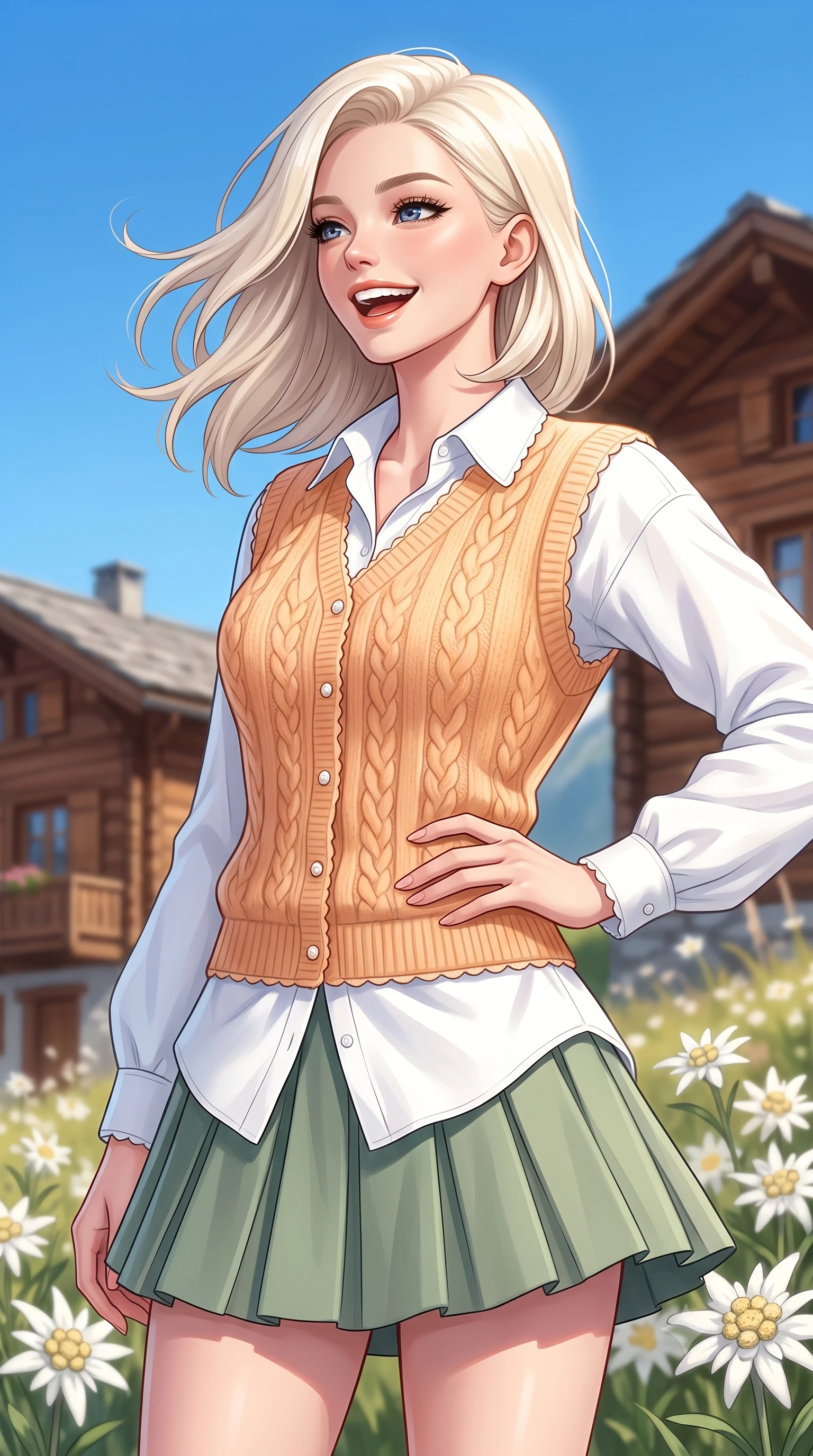 score_9, masterpiece, best quality, ultra-detailed, high-budget anime keyframe, semi-realistic 3D game render, editorial fashion photography, tasteful artistic composition, Caucasian woman. close-up cowboy shot from the waist and thighs up, the character dominates the composition, filling the frame with her large presence. resting one hand lightly on her waist while casting a charming, captivating side-gaze with thick eyelashes while turning with a joyful laugh as the crisp alpine mountain breeze gently lifts her soft hair against the clear blue sky. The composition keeps background elements in soft focus with creamy bokeh. rustic timber mountain chalets and blooming edelweiss clusters softened in gentle atmospheric depth. She has an exceptionally elegant, slender, and willowy female figure with an ultra-slim waist, a gracefully sculpted slender torso, toned flat midriff, and a refined slim silhouette. sharp v-shaped jawline, high-bridge nose, intricate jewel-like eyes with depth, thick eyelashes, glossy lips with a natural sheen, pure and lovely fresh girlhood expression, flawlessly proportioned anatomical accuracy, strict slender model proportions, natural body alignment, perfectly sculpted long slender limbs, ultra-slim waistline, clean dynamic posture without body distortion. wearing a cozy cable-knit sweater vest layered over an oversized crisp white shirt and a pleated tennis skirt in warm apricot and sage green, knitted from ultra-soft cozy baby-cashmere yarn, finished with delicate scallop trims and tiny pearl buttons, the soft airy drape swaying gracefully with her dynamic movements, emphasizing her tall willowy build and slim waistline. bathed in brilliant morning alpine sunshine and pure crystal-clear blue sky ambient illumination. highly saturated vibrant anime colors, detailed shading with soft gradients, rich glossy textures, high-contrast stereoscopic depth, volumetric dynamic lighting, master piece, 9:16 ratio