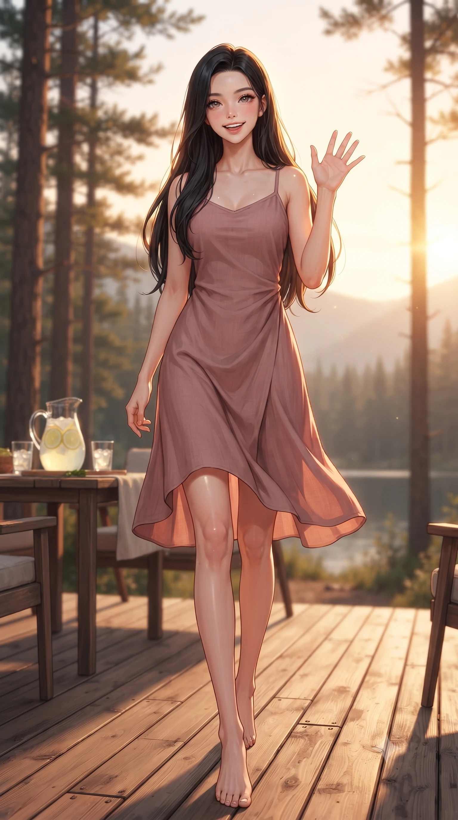score_9, masterpiece, best quality, ultra-detailed, high-budget anime keyframe, editorial fashion photography, tasteful artistic composition, Korean woman. low angle full-body shot from head to toe showing her feet, filling the entire 9:16 vertical frame with her statuesque presence, stretching her vertical silhouette. stepping forward with a bright, cheerful smile, waving happily at the viewer set against a soft-focus background of on a cozy glamping deck surrounded by tall pine trees and a quiet mountain lake with a pitcher of cold lemonade and glasses on a rustic wooden table. She has an absolutely perfect, statuesque 8.5-heads proportion, an exceptionally tall and slender model-like female figure with impossibly long slender legs and an ultra-slim waist. sharp v-shaped jawline, high-bridge nose, intricate jewel-like eyes with depth, thick eyelashes, glossy lips with a natural sheen. wearing slim-fit flowy linen sundress in dusty rose, draped softly and comfortably. bright golden hour sunset tracing her silhouette with a warm glowing rim light. ultra-reflective glossy finish, specular highlights, metallic sheen, high-contrast stereoscopic depth, volumetric dynamic lighting, 2k, ultra detail, master piece, 9:16 ratio