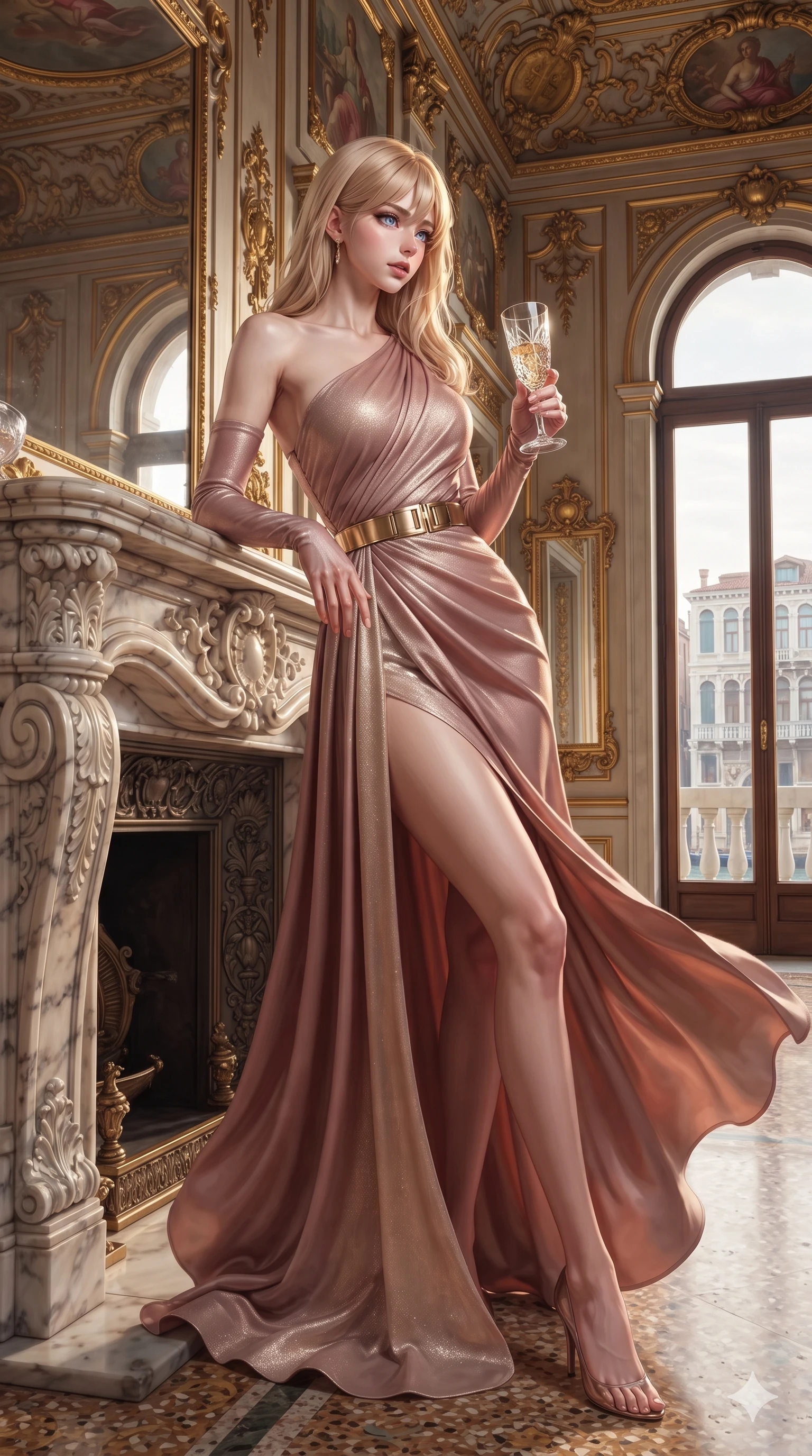 score_9, masterpiece, best quality, ultra-detailed, high-budget anime keyframe, semi-realistic 3D game render, editorial fashion photography, tasteful artistic composition, Japanese woman. low angle full-body shot from head to toe showing her feet, filling the entire 9:16 vertical frame with her statuesque presence, stretching her vertical silhouette. executing a slow, graceful pivot turn as her skirt sways around her slender legs, glancing back with an enchanting, teasing sensual expression while leaning against the carved marble fireplace mantle with hips cocked back, looking through crystal glassware with heavy-lidded bedroom-eyes. The surrounding environment is rendered in vivid detail and crisp panoramic clarity: detailed anime keyframe lines, specular highlights, and monumental Venetian palazzo heritage in high resolution. She has an exceptionally tall and slender model-like 8.5-heads proportion, an ultra-slim waist, a flat toned midriff, narrow delicate ribcage, and beautifully sculpted feminine hips creating a graceful, slim hourglass silhouette without any bulky heaviness, with impossibly long slender legs. sharp v-shaped jawline, high-bridge nose, intricate jewel-like eyes with depth, thick eyelashes, glossy parted lips with a natural sheen, intensely captivating and seductive bedroom-eyes expression, flawlessly proportioned anatomical accuracy, strict slender model proportions, natural body alignment, perfectly sculpted long slender limbs, ultra-slim waistline, clean dynamic posture without body distortion. wearing an asymmetrical one-shoulder crepe evening gown with waist-cinching gold metal belt and elegant drapery in dusky blush rose and champagne shimmer, crafted from bespoke double-faced cashmere with an exceptionally soft tactile finish, finished with sleek magnetic buckle closures fluttering in the breeze, the glove-like clinging cut tightly following the natural contour of her hips and long slender legs with youthful 8.5-heads elegance. crisp directional rim lights sharply defining her sculpted collarbones, ultra-slim waist, and curvy hips. highly saturated vibrant anime colors, detailed shading with soft gradients, rich glossy textures, high-contrast stereoscopic depth, volumetric dynamic lighting, master piece, 9:16 ratio