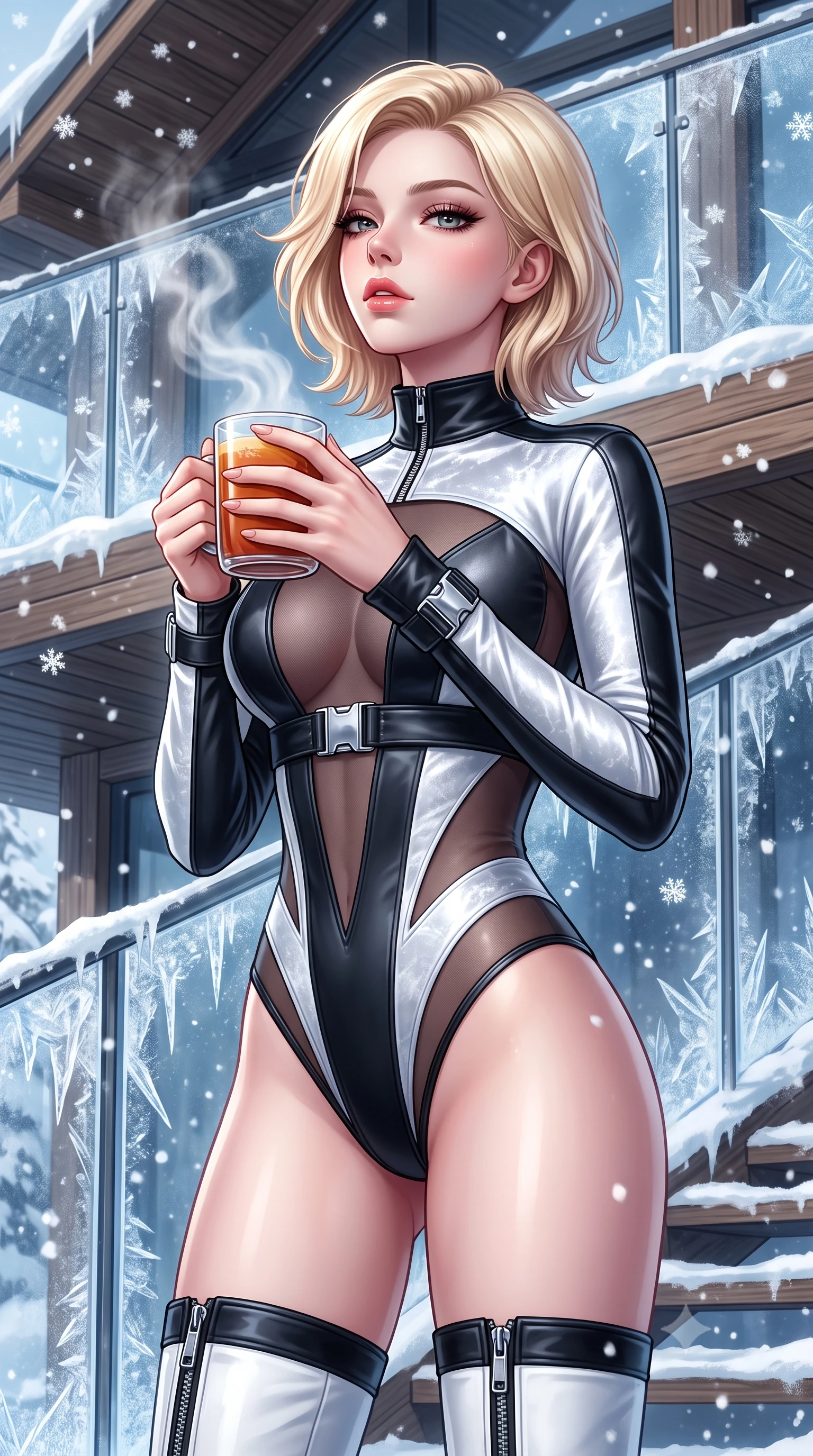 score_9, masterpiece, best quality, ultra-detailed, high-budget anime keyframe, semi-realistic 3D game render, editorial fashion photography, tasteful artistic composition, Caucasian woman. close-up cowboy shot from the waist and thighs up, the character dominates the composition, filling the frame with her large presence. tilting her chin up with proud, sovereign allure while gazing through thick eyelashes with an irresistible, dangerous bedroom-gaze while holding a steaming mug of spiced cider with both hands, looking over the steaming rim with sparkling, romantic eyes. The surrounding environment is rendered in vivid detail and crisp panoramic clarity. sharp ice crystal textures on glass balustrades, timber wood grain, and falling snowflake geometry in deep focus. She has an exceptionally elegant, slender, and willowy female figure with an ultra-slim waist, a gracefully sculpted slender torso, toned flat midriff, and a refined slim silhouette. sharp v-shaped jawline, high-bridge nose, intricate jewel-like eyes with depth, thick eyelashes, glossy parted lips with a natural sheen, intensely captivating and seductive expression, flawlessly proportioned anatomical accuracy, strict slender model proportions, natural body alignment, perfectly sculpted long slender limbs, ultra-slim waistline, clean dynamic posture without body distortion. wearing a cutout polar techwear bodysuit with sheer thermal mesh panels and snow gaiter boots in high-contrast black ski leather and arctic white, crafted from crushed silk velvet with liquid frost-like luster, finished with polished chrome buckle closures and snow-gaiter zippers, the snug thermal second-skin fit accentuating her razor-sharp statuesque lines and slim hourglass silhouette amidst the cold snow. surrounded by a glamorous, elite, and heart-meltingly alluring winter sanctuary goddess aura. highly saturated vibrant anime colors, detailed shading with soft gradients, rich glossy textures, high-contrast stereoscopic depth, volumetric dynamic lighting, master piece, 9:16 ratio