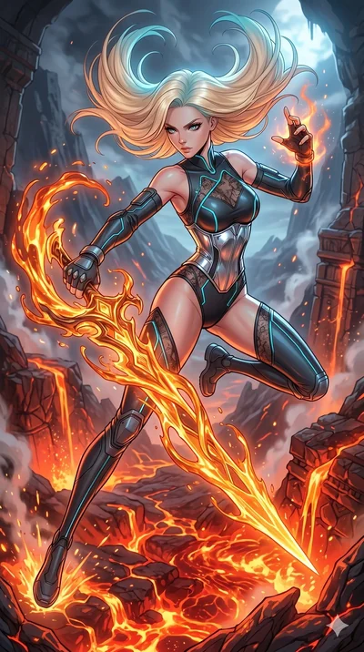 score_9, masterpiece, best quality, ultra-detailed, high-budget anime movie keyframe, cinematic anime lighting, intricate line art, Korean woman. Extreme high angle shot as she leaps towards the camera, filling the frame. manipulating the heat of a v