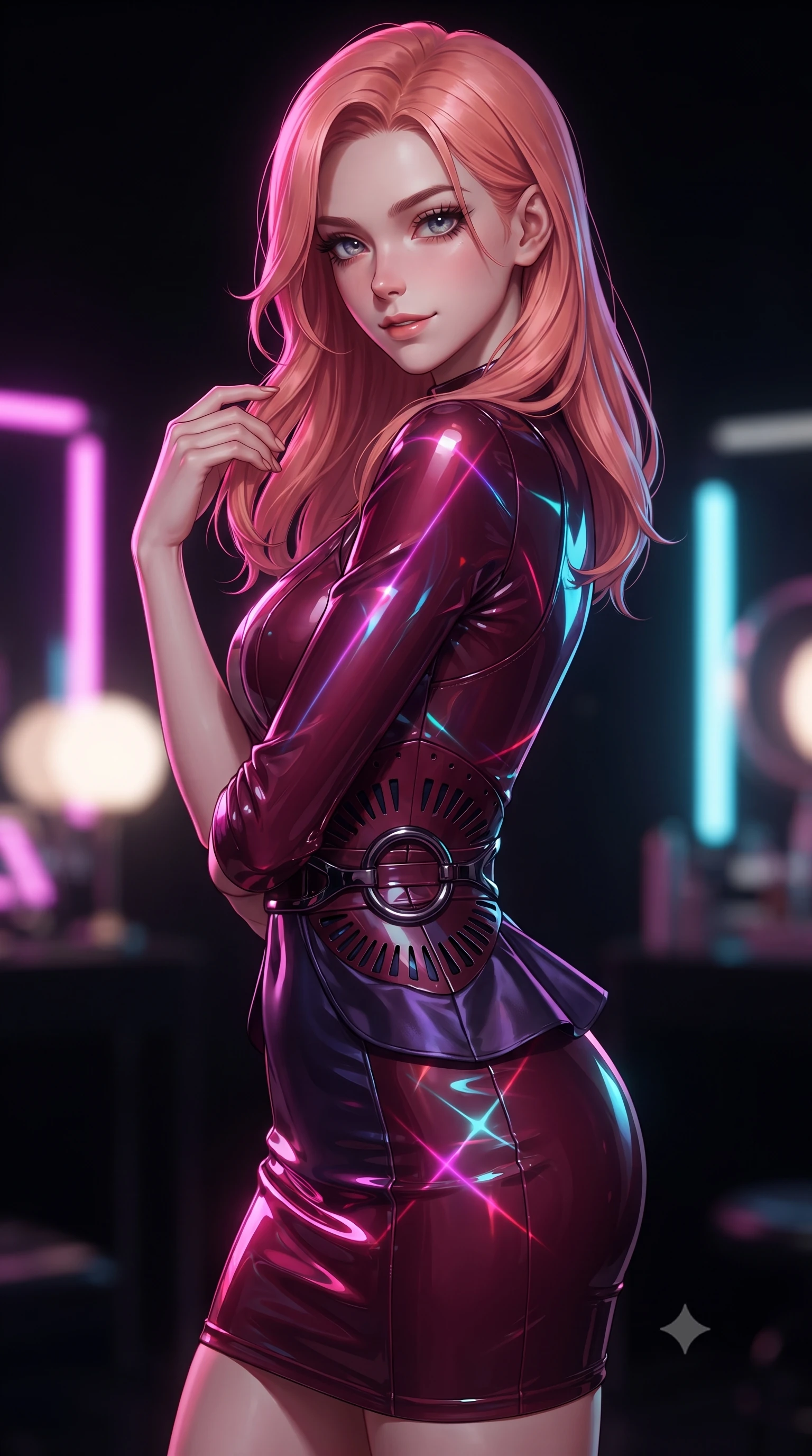 score_9, masterpiece, best quality, ultra-detailed, high-budget anime keyframe, editorial fashion photography, tasteful artistic composition, Japanese woman. close-up cowboy shot from the waist and thighs up, the character dominates the composition, filling the frame with her large presence, background elements kept in soft focus. Smiling with quiet, magnetic self-assurance directly into the camera, glancing sidelong over her shoulder with an enigmatic, smoldering expression, vibrant magenta and cyan neon rays casting geometric highlights on glossy vinyl. She has an exceptionally elegant, slender, and willowy female figure with an ultra-slim waist, a gracefully sculpted slender torso, and a refined silhouette. sharp v-shaped jawline, high-bridge nose, intricate jewel-like eyes with depth, thick eyelashes, glossy lips with a natural sheen. wearing precision-fitted bodycon dress in high-gloss liquid vinyl in deep crimson burgundy, made of iridescent dark violet taffeta, accented with sculpted obsidian chrome rings at the waist, accentuating her gracefully sculpted slender torso. illuminated by vibrant magenta and cyan neon rim light against pitch-black leather. highly saturated vibrant anime colors, detailed shading with soft gradients, rich glossy textures, high-contrast stereoscopic depth, volumetric dynamic lighting, master piece, 9:16 ratio