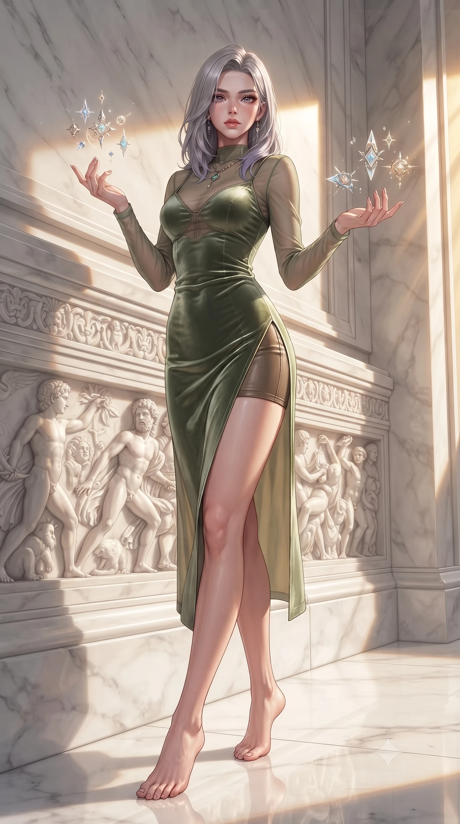 score_9, masterpiece, best quality, ultra-detailed, high-budget anime keyframe, editorial fashion photography, tasteful artistic composition, Caucasian woman. low angle full-body shot from head to toe showing her feet, filling the entire 9:16 vertical frame with her statuesque presence, stretching her vertical silhouette. interacting gracefully with the magical floating elements while maintaining a confident posture poised beside a carved marble frieze reflecting warm golden sunbeams, intense Mediterranean sun beams illuminating polished white marble surfaces. She has an absolutely perfect, statuesque 8.5-heads proportion, an exceptionally tall and slender model-like female figure with impossibly long slender legs and an ultra-slim waist. sharp v-shaped jawline, high-bridge nose, intricate jewel-like eyes with depth, thick eyelashes, glossy lips with a natural sheen. wearing a semi-opaque sheer overlay dress over a leather micro-bodysuit in sage green and oatmeal, made of premium stretch velvet with a rich sheen, finished with a sleek side slit ascending to mid-thigh, the tailored fabric tightly following every curve of her athletic build. illuminated by warm marble reflections and soft, elegant shading. highly saturated vibrant anime colors, detailed shading with soft gradients, rich glossy textures, high-contrast stereoscopic depth, volumetric dynamic lighting, master piece, 9:16 ratio